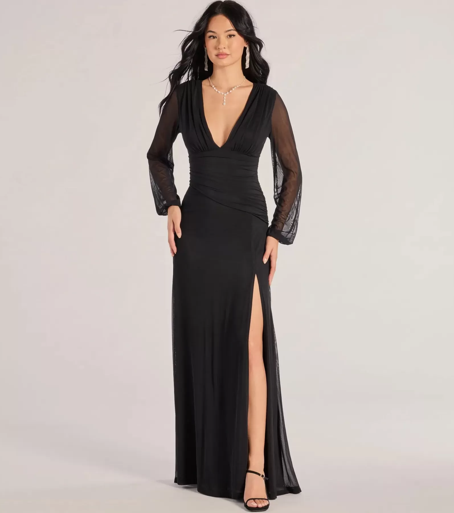 Windsor Black Bridesmaid Dresses | Long Sleeve Holiday Dresses*Rayne Mesh Long Sleeve A-Line Formal Dress