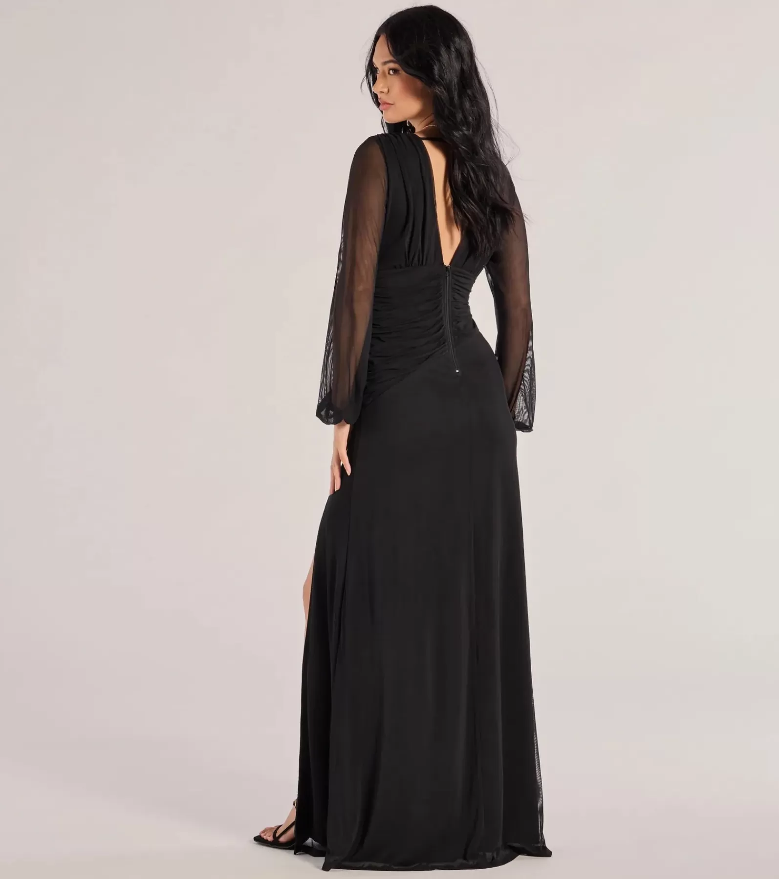 Windsor Black Bridesmaid Dresses | Long Sleeve Holiday Dresses*Rayne Mesh Long Sleeve A-Line Formal Dress