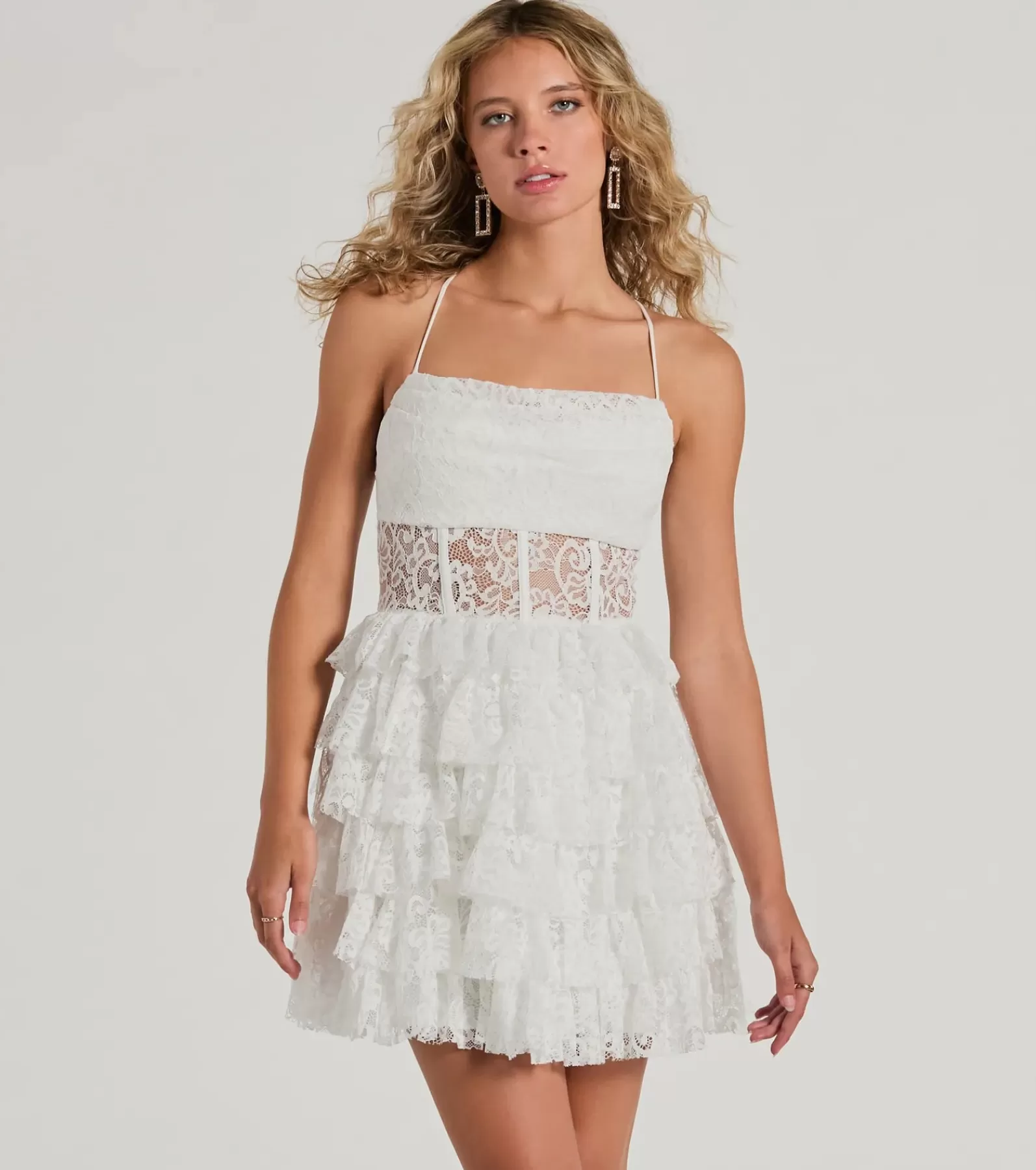 Windsor Rehearsal | Bridal Shower*Rochelle Ruffled Sheer Lace Formal Mini Dress