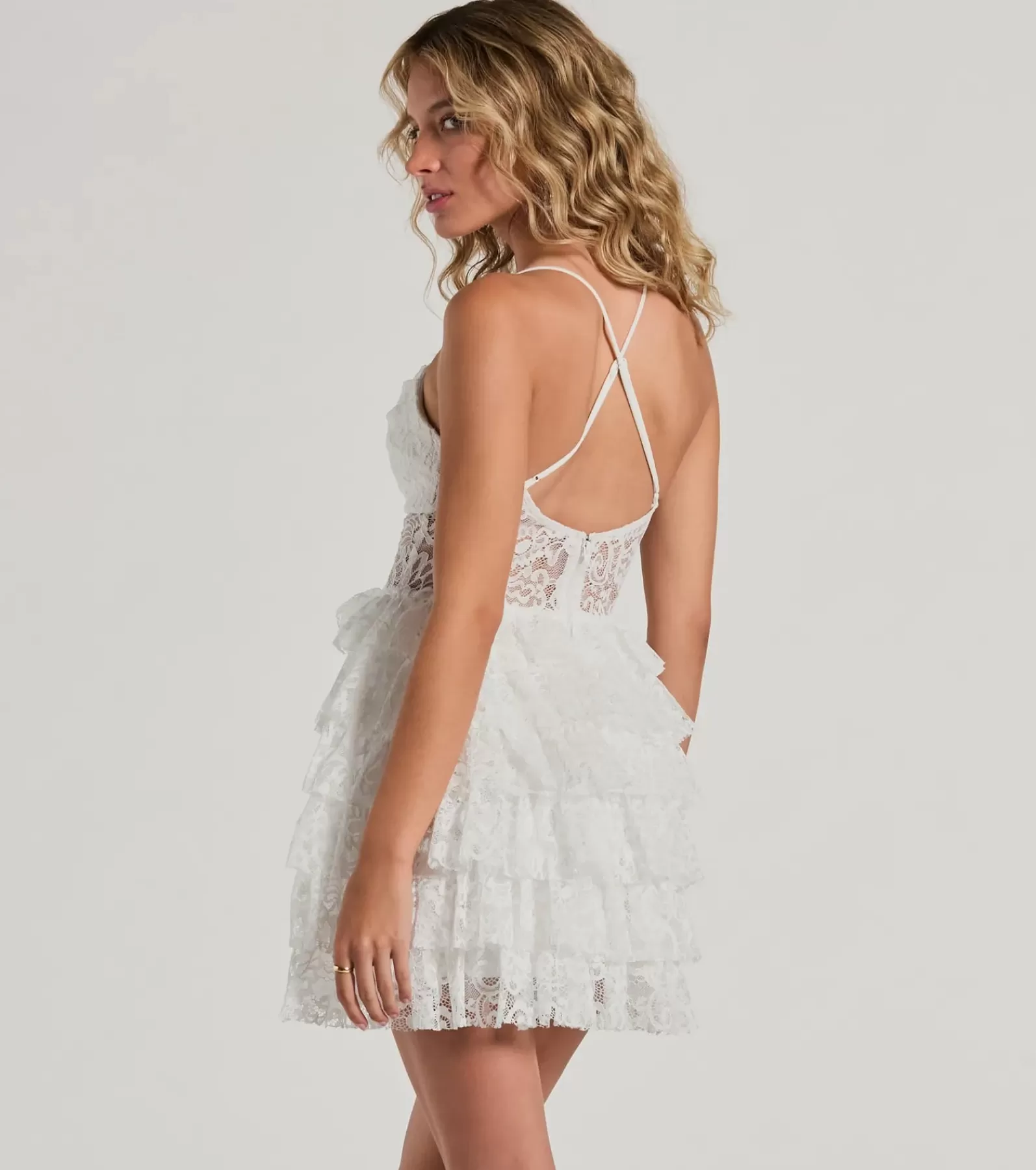 Windsor Rehearsal | Bridal Shower*Rochelle Ruffled Sheer Lace Formal Mini Dress