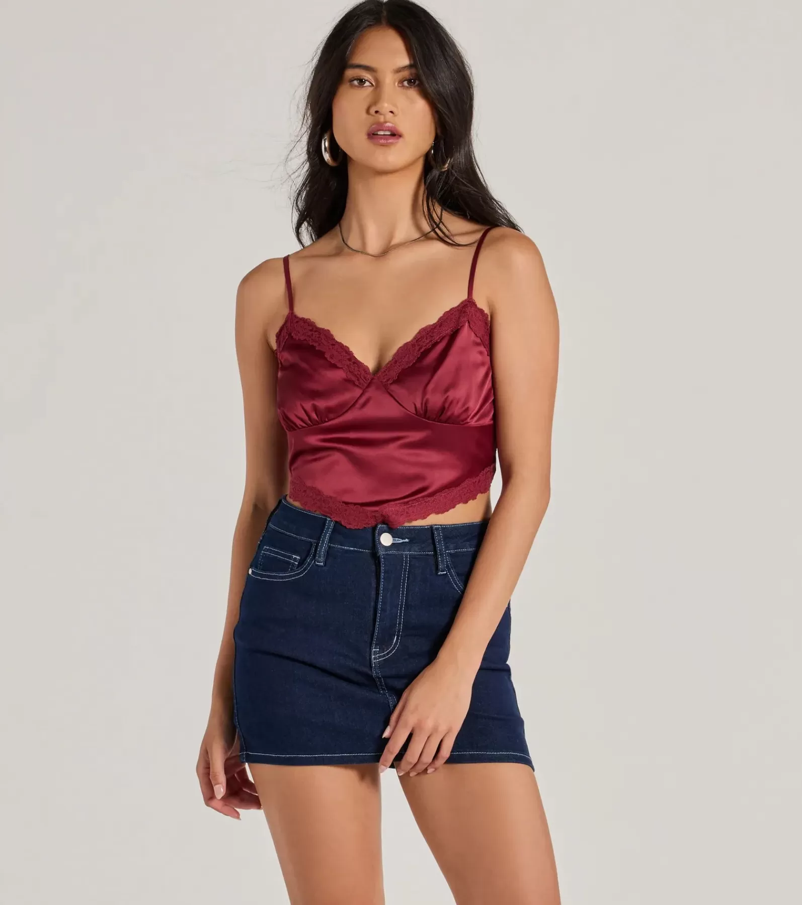 Windsor Going-Out Tops*Romance In The Air Lace Trim Satin Cami Crop Top