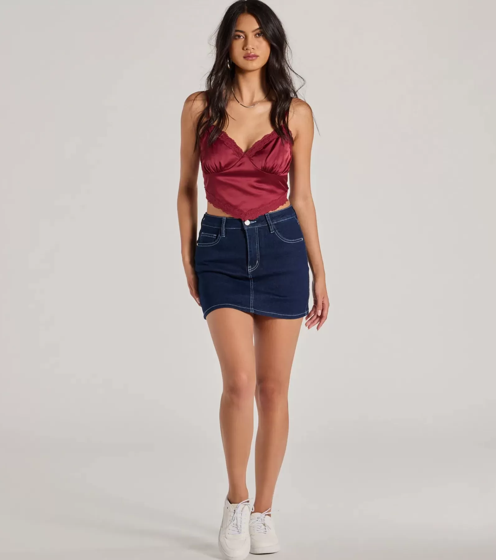 Windsor Going-Out Tops*Romance In The Air Lace Trim Satin Cami Crop Top