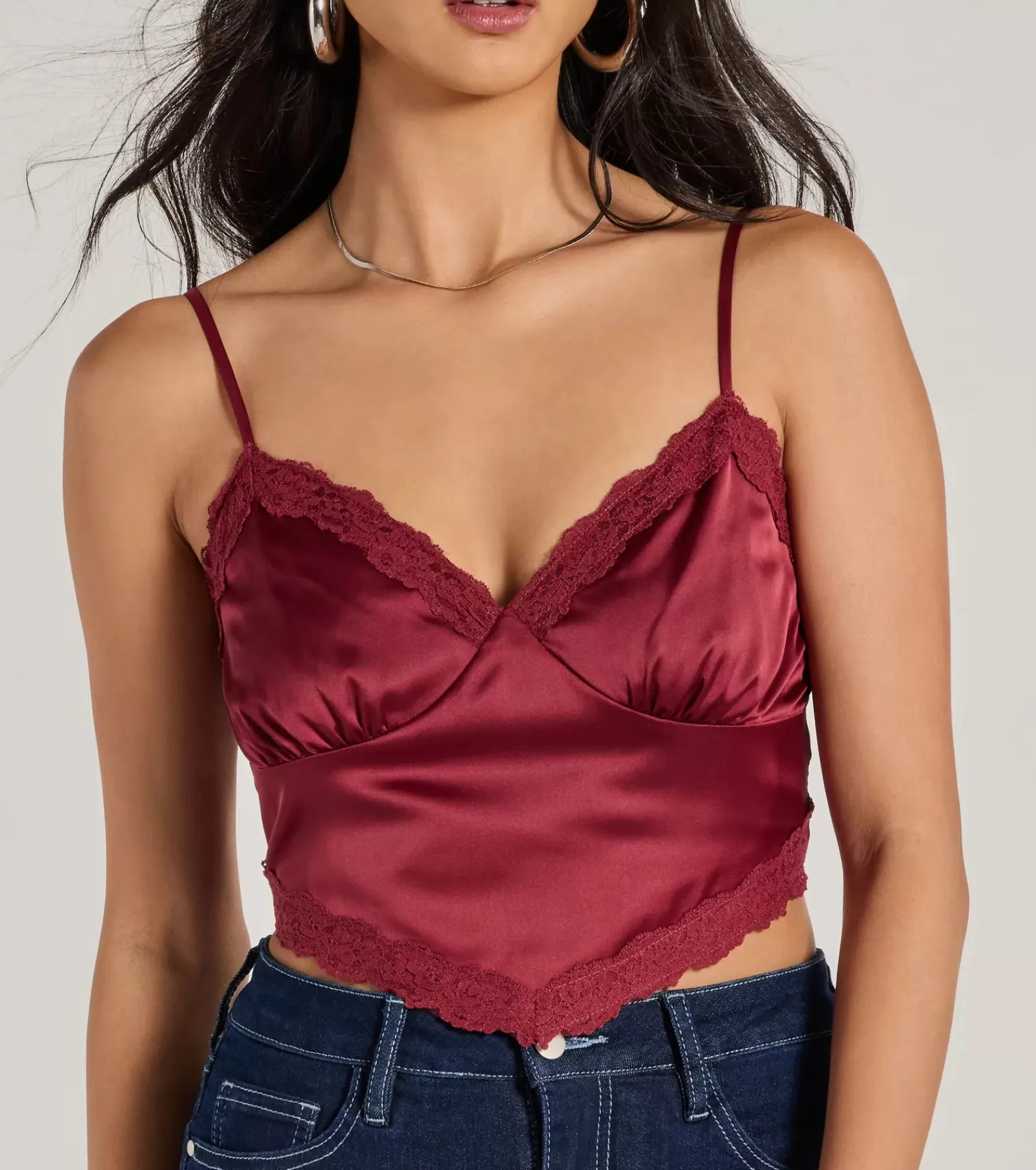 Windsor Going-Out Tops*Romance In The Air Lace Trim Satin Cami Crop Top