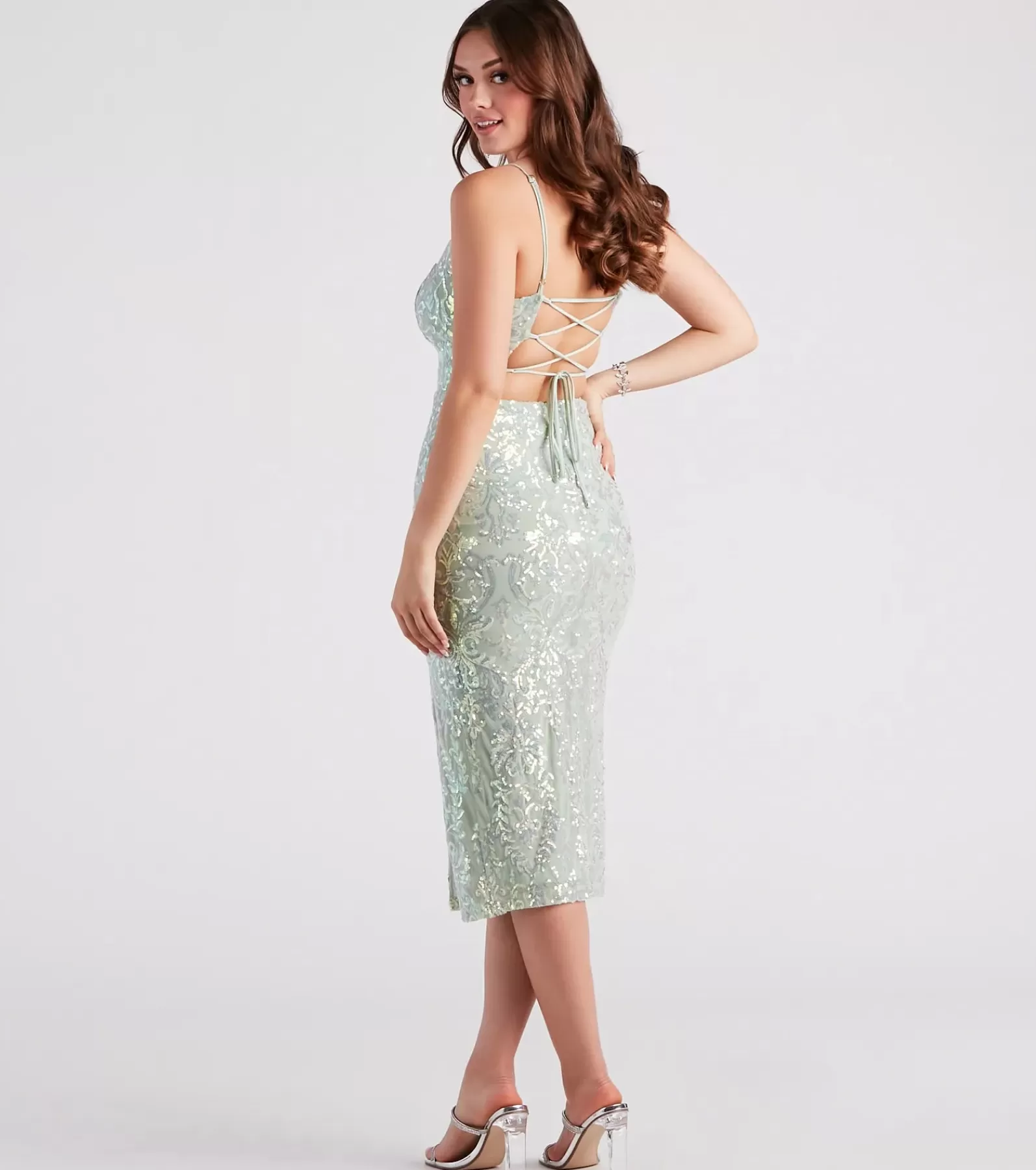 Windsor Midi Dresses*Roxanne Formal Sequin Lace-Up Midi Dress