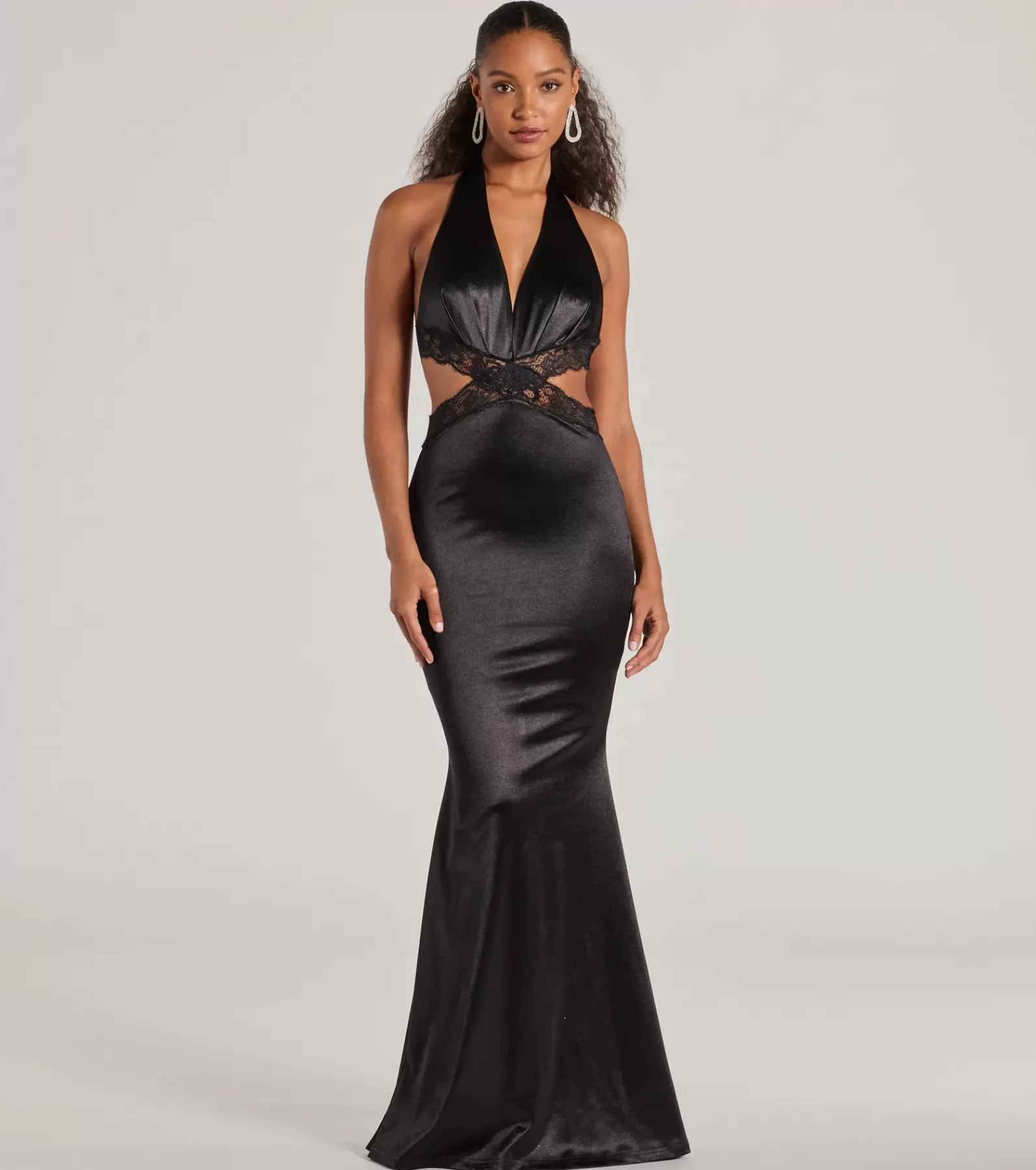 Windsor Black Tie Wedding Guest Dresses*Scarlett V-Neck Lace Trim Open Back Mermaid Formal Dress