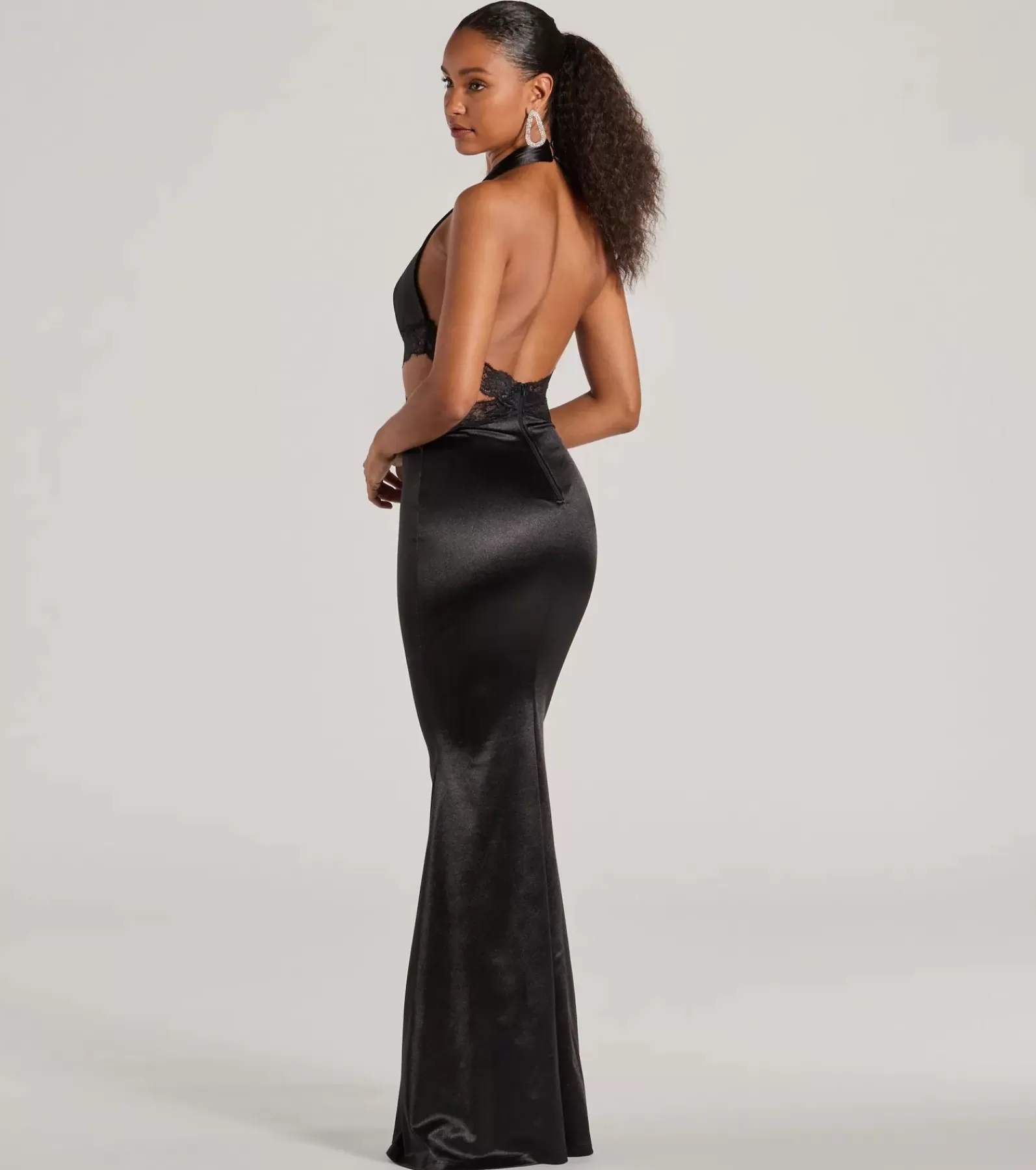 Windsor Black Tie Wedding Guest Dresses*Scarlett V-Neck Lace Trim Open Back Mermaid Formal Dress