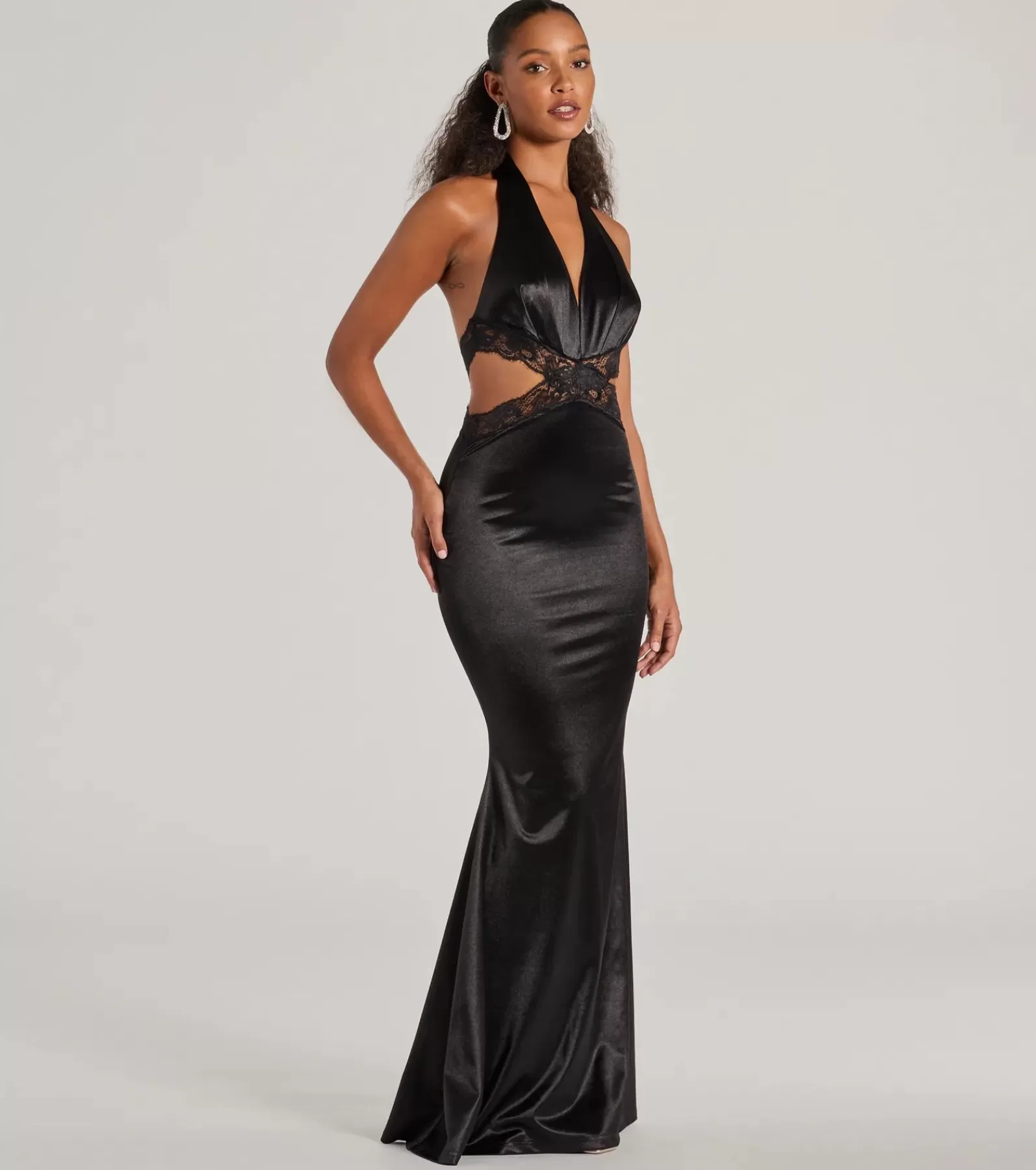 Windsor Black Tie Wedding Guest Dresses*Scarlett V-Neck Lace Trim Open Back Mermaid Formal Dress
