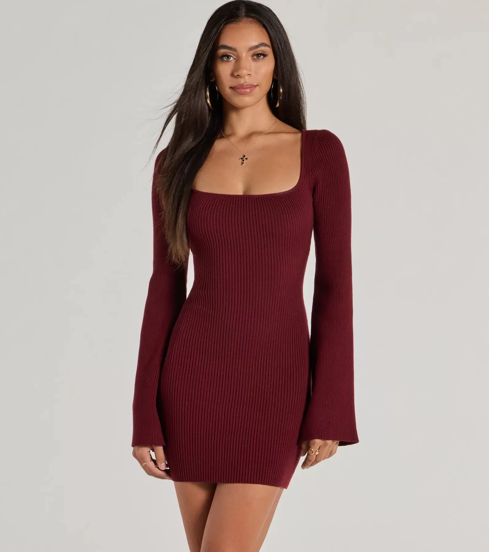 Windsor Long Sleeve Holiday Dresses | Mini Holiday Dresses*Seasonal Staple Ribbed Knit Bell Sleeve Mini Dress