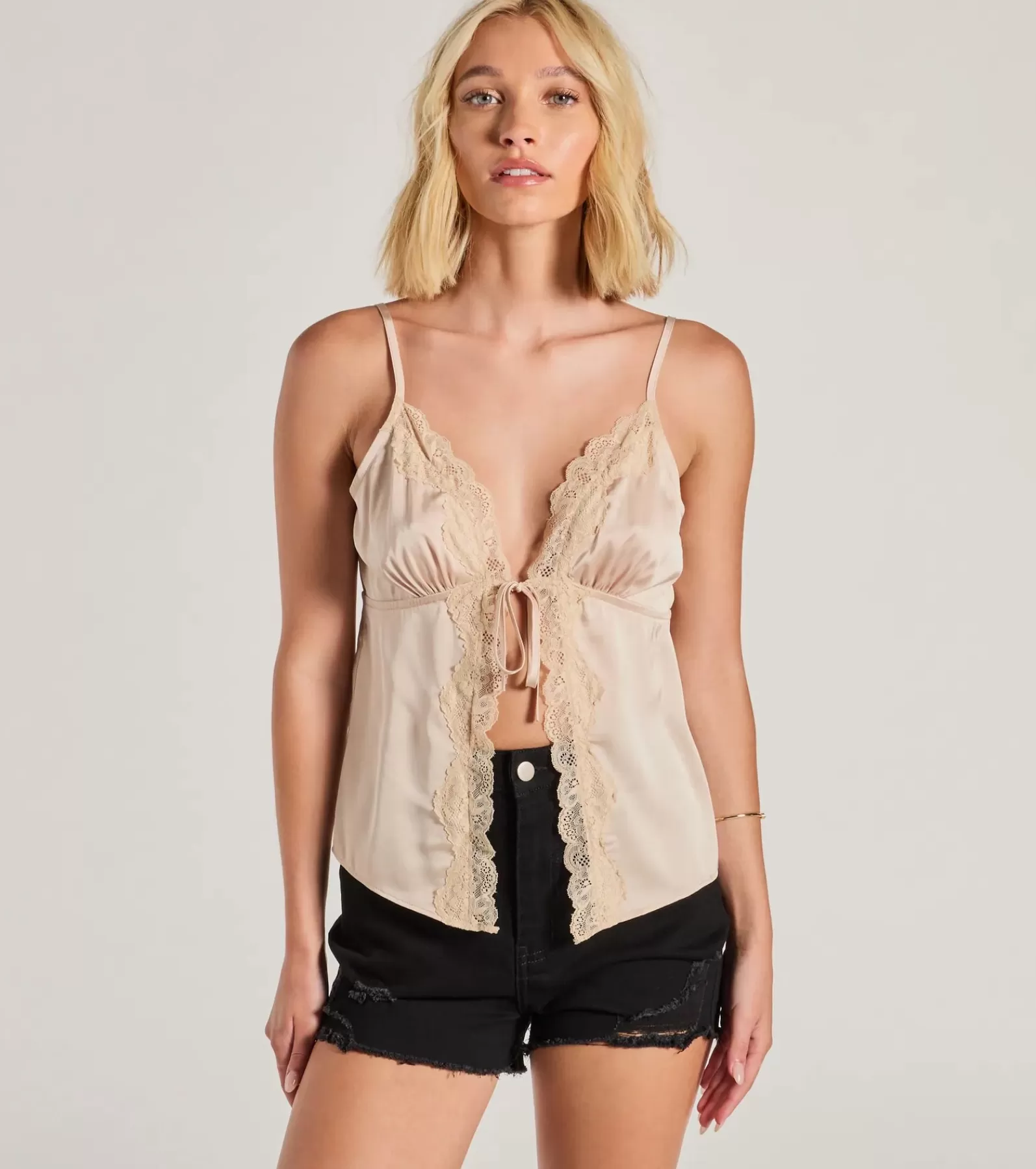 Windsor Tie Front Tops | Going-Out Tops*Sense Of Style Lace Trim Tie Front Cami Crop Top