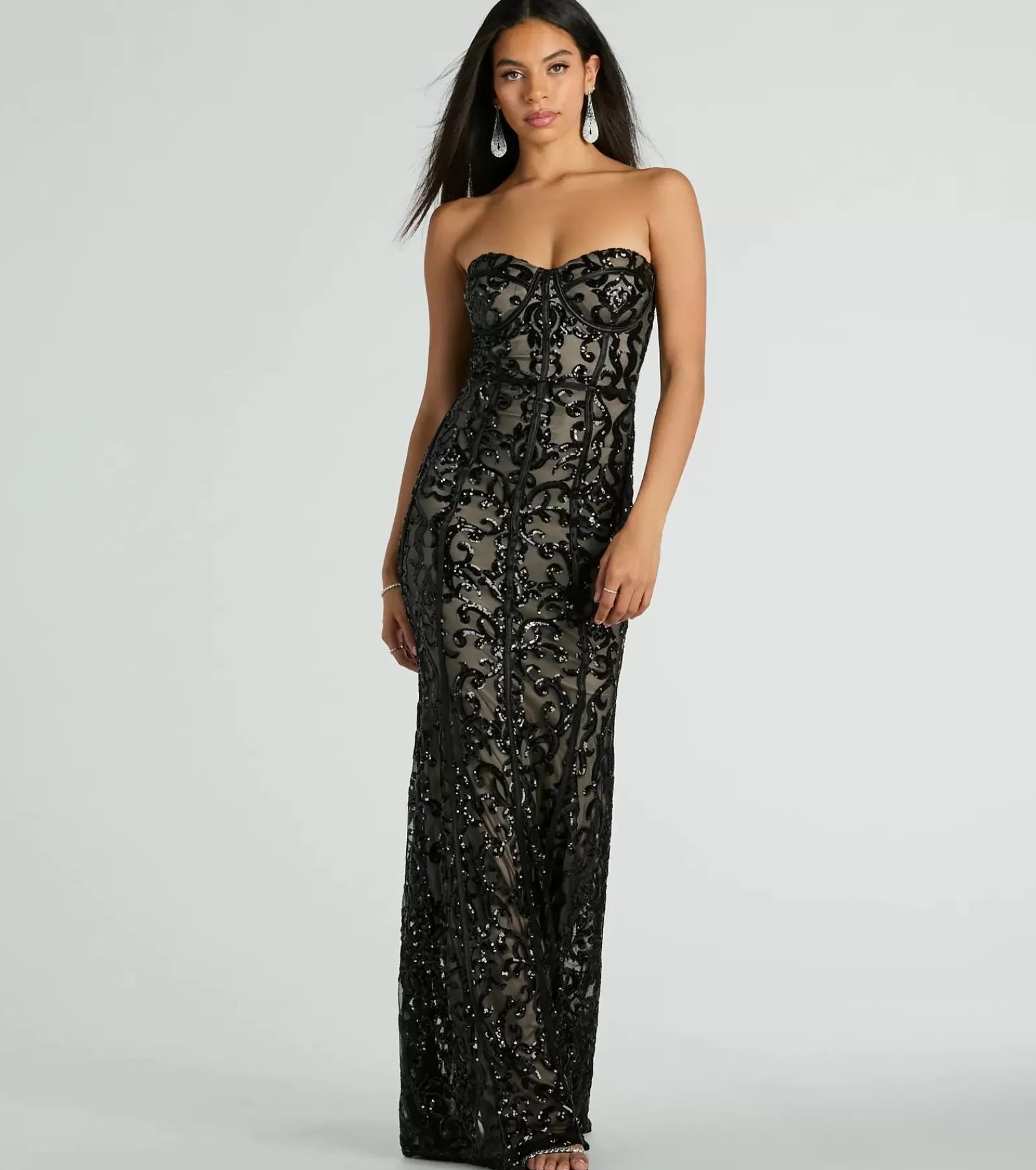 Windsor Wedding Outfits | Black Tie Wedding Guest Dresses*Serena Strapless Corset Sequin Mermaid Formal Dress