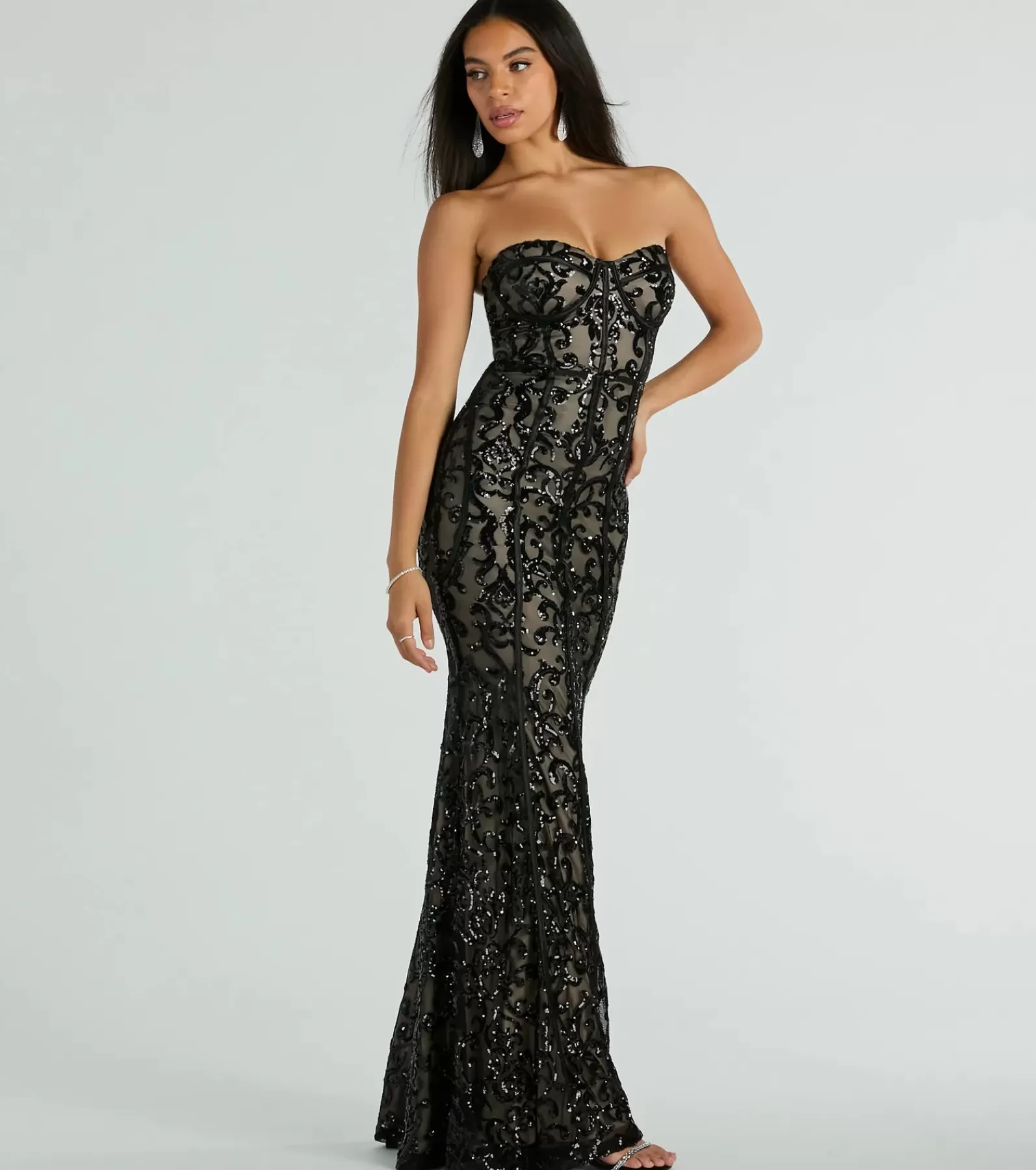 Windsor Wedding Outfits | Black Tie Wedding Guest Dresses*Serena Strapless Corset Sequin Mermaid Formal Dress