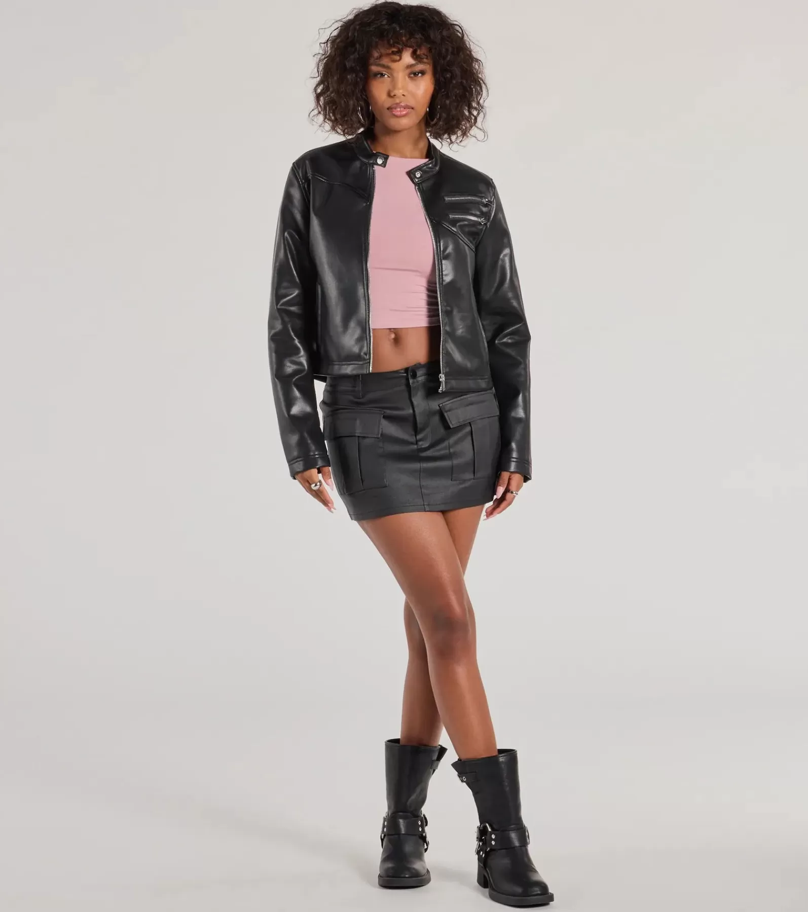 Windsor Black Skirts | Faux Leather & Suede Bottoms*Serving Sleek Faux Leather Cargo Mini Skort