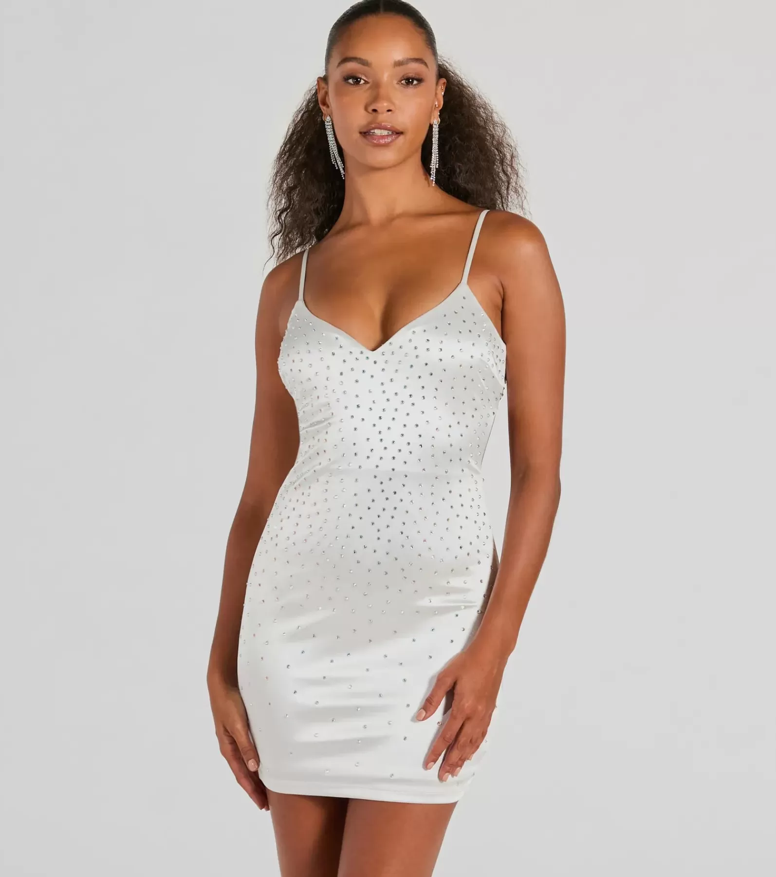 Windsor Rehearsal | Bridal Shower*Shine Bright Babe V-Neck Rhinestone Satin Mini Dress