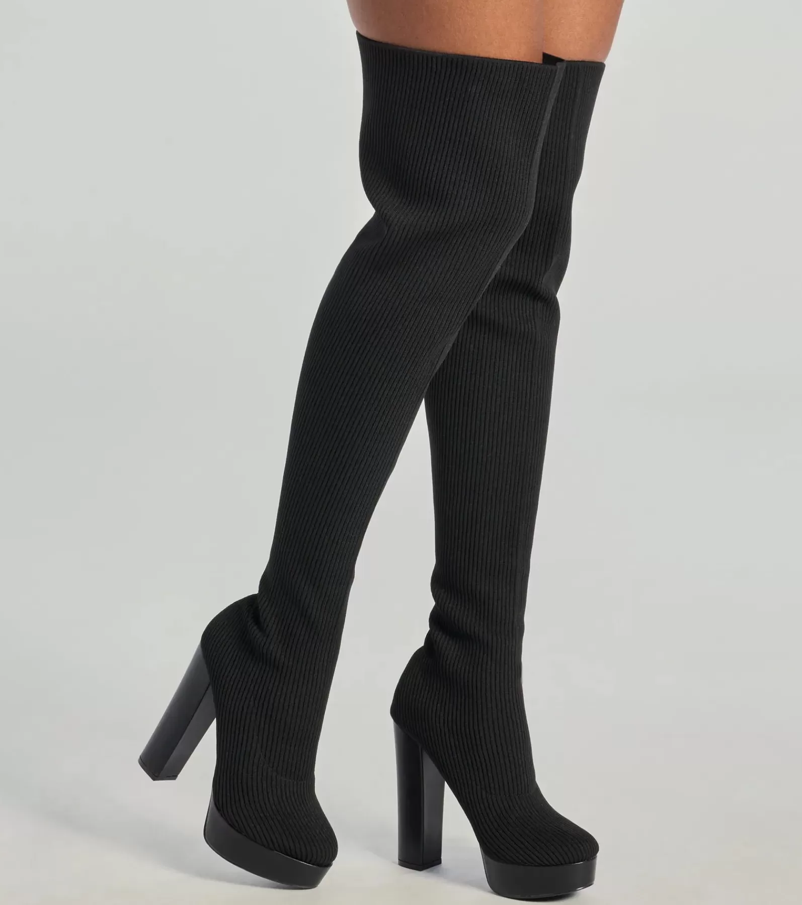 Windsor Platform Shoes | Knee High Boots*Slay On Thigh-High Ribbed Knit Platform Boots