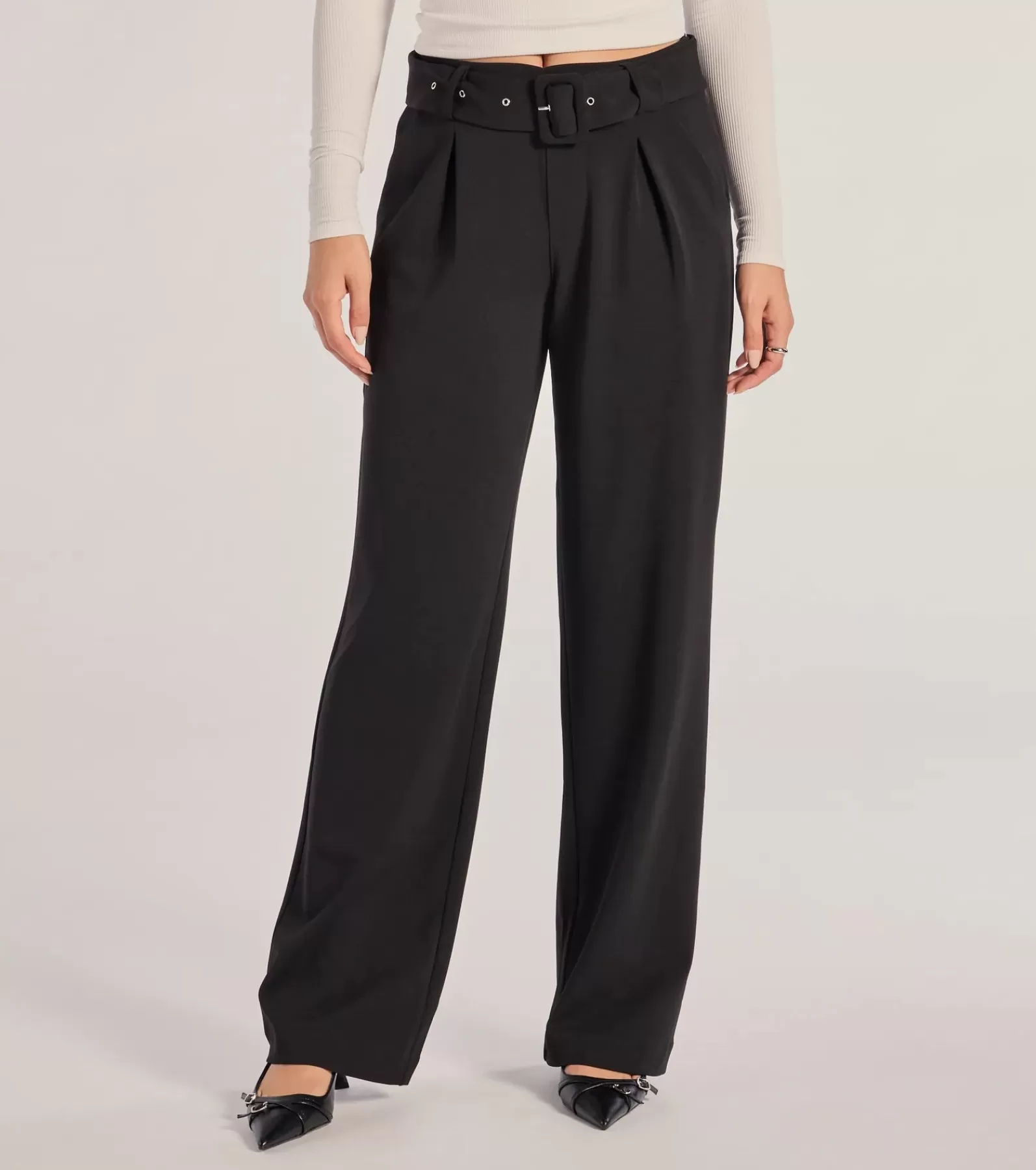 Windsor Black Pants | Pants*Sleek Impression Belted Straight-Leg Trouser Pants