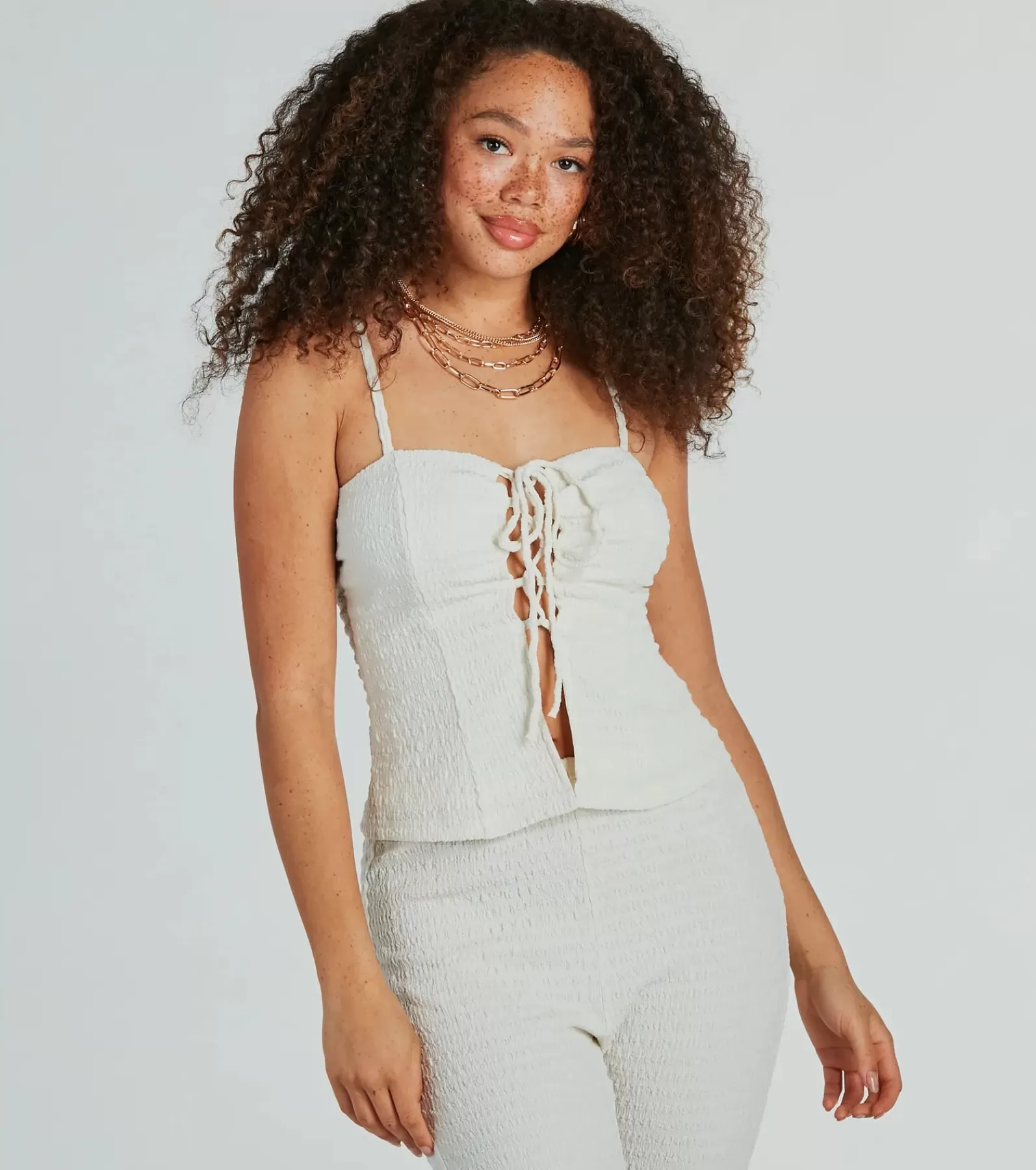 Windsor All Matching Sets | Tie Front Tops*So Boho Lace-Up Crinkle Knit Top