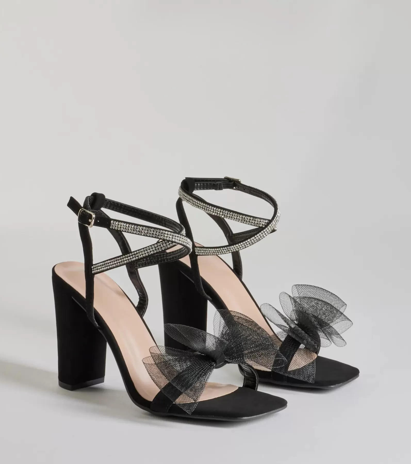 Windsor High Heels | Heels*So Lovely Bow Rhinestone Satin Block Heels