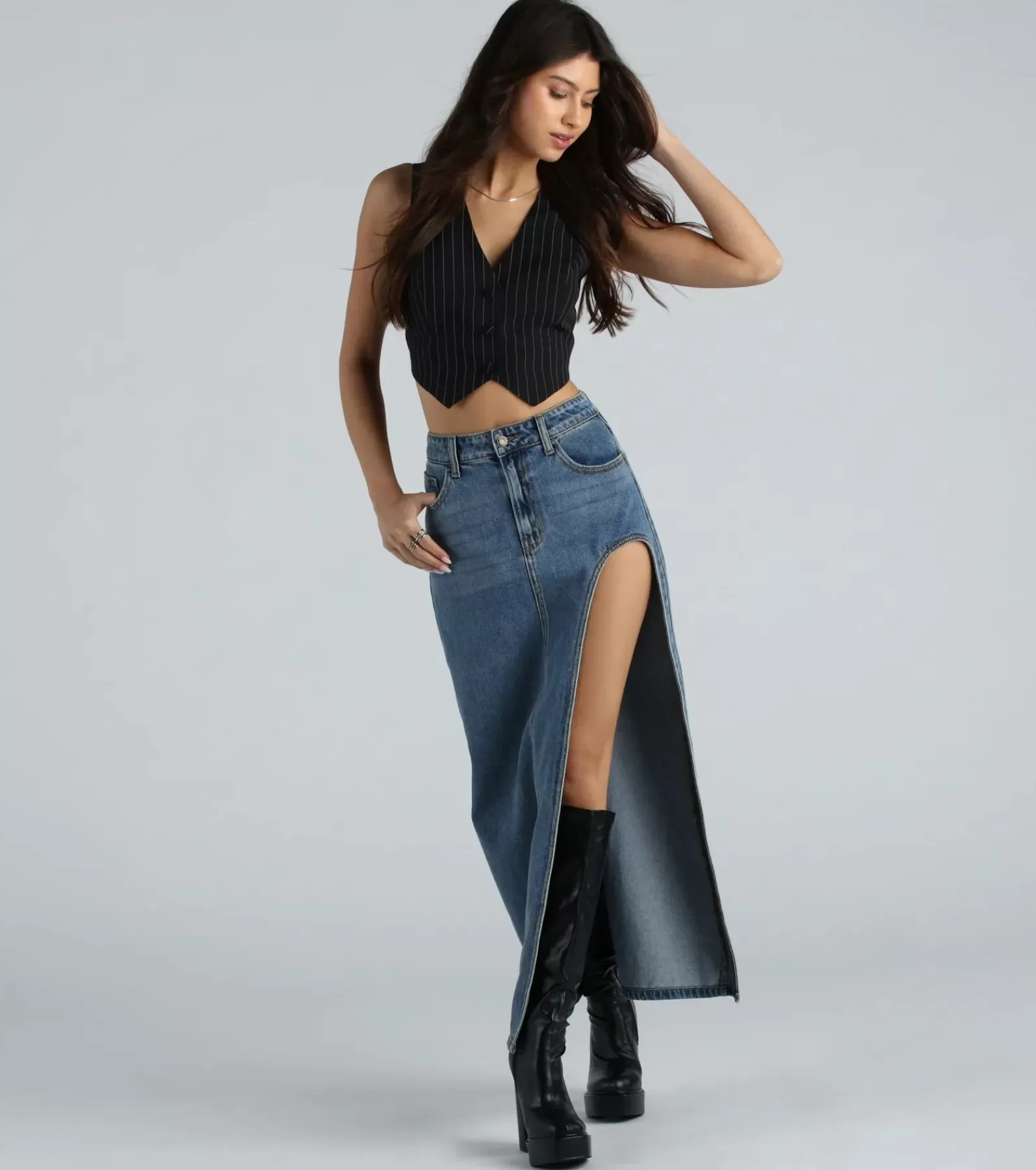 Windsor Denim Skirts | Skirts & Skorts*Sound The Alarm High Slit Denim Maxi Skirt