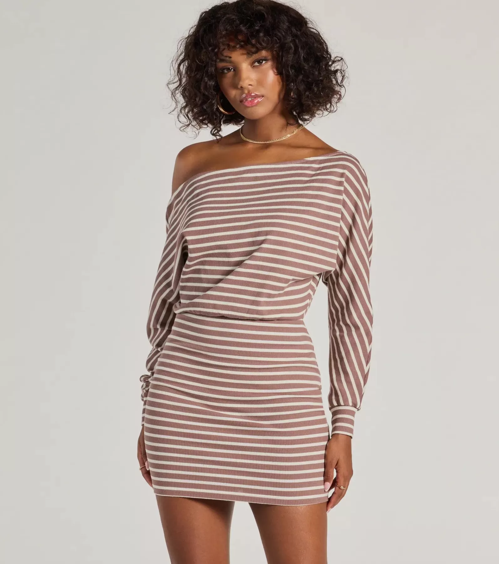 Windsor Casual Dresses*Stripes In Style Off The Shoulder Mini Dress