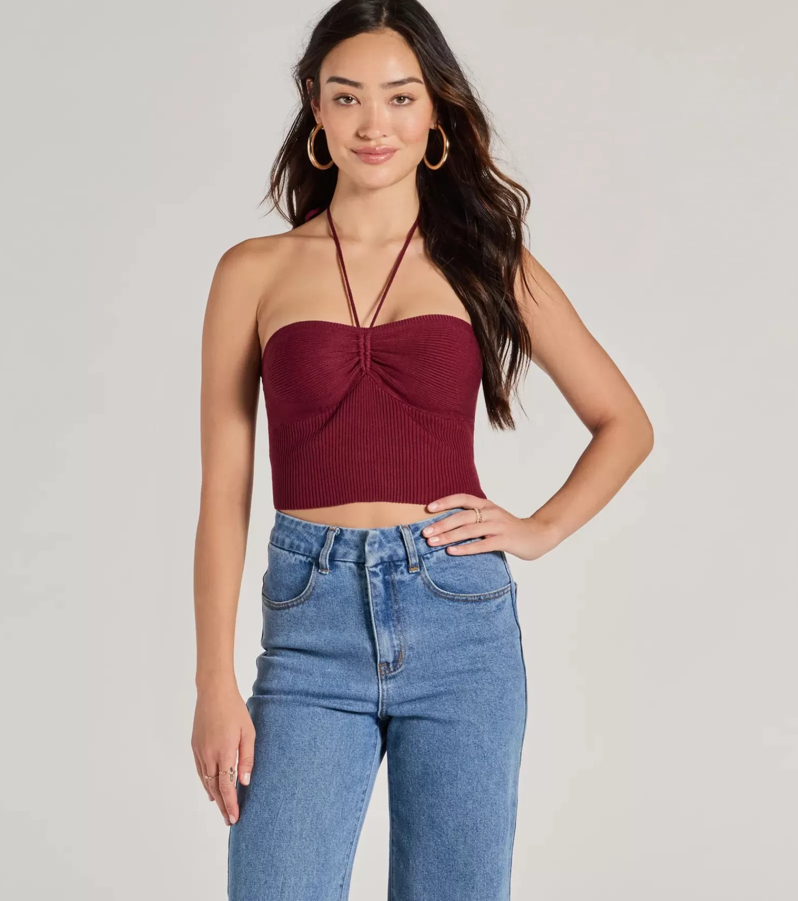 Windsor Going-Out Tops*Stylish Basic Halter Rib Knit Crop Top