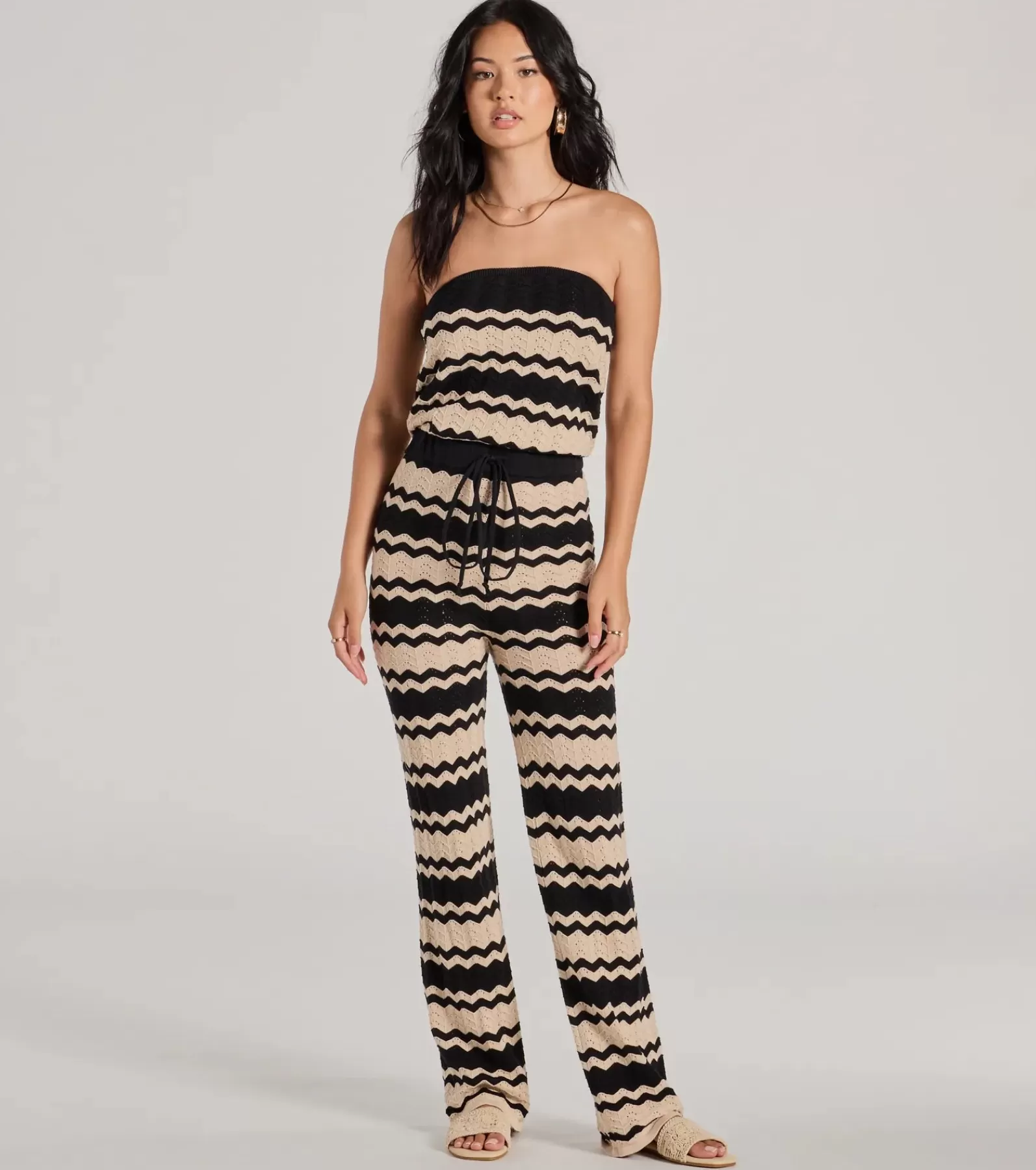 Windsor All Jumpsuits & Rompers | Black Pants*Stylish In Stripes Strapless Wide Leg Knit Jumpsuit