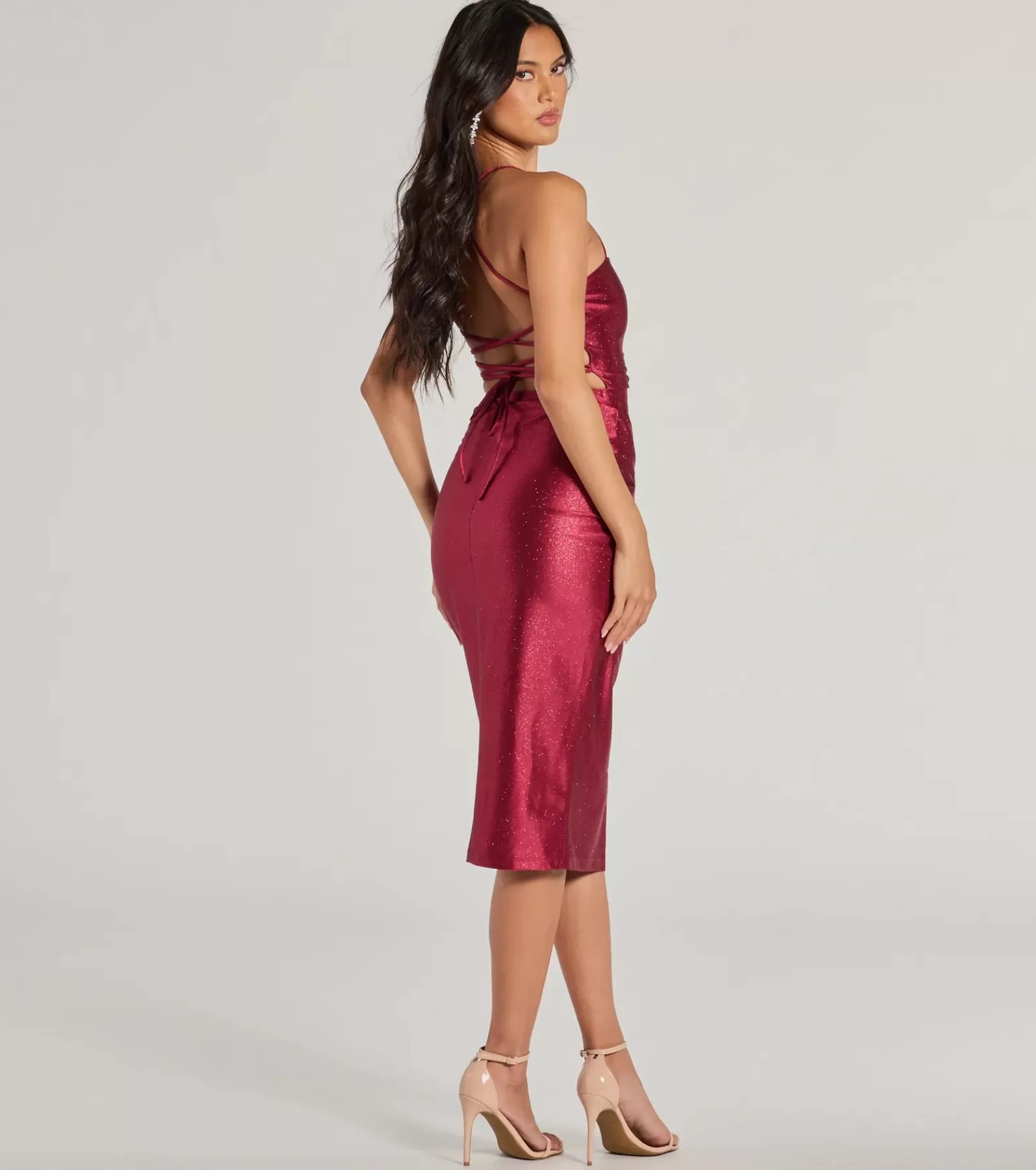 Windsor Glitter Nye Dresses | Satin Nye Dresses*Stylish Shine Glitter Satin Lace-Up Midi Dress