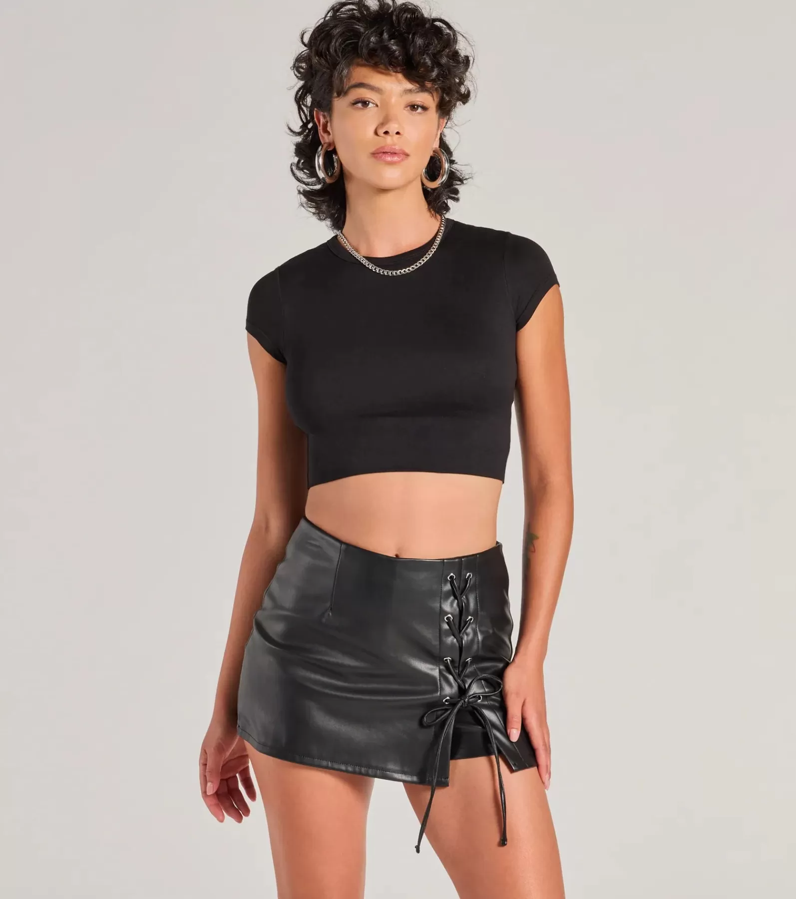 Windsor Black Skirts | Faux Leather & Suede Bottoms*Sultry Edge Lace-Up Faux Leather Skort