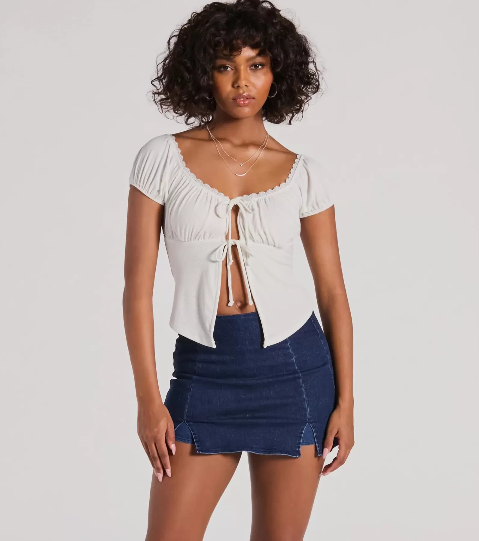 Windsor Tie Front Tops | Short Sleeve Tops*Sultry Example Tie-Front Lace Trim Crop Top