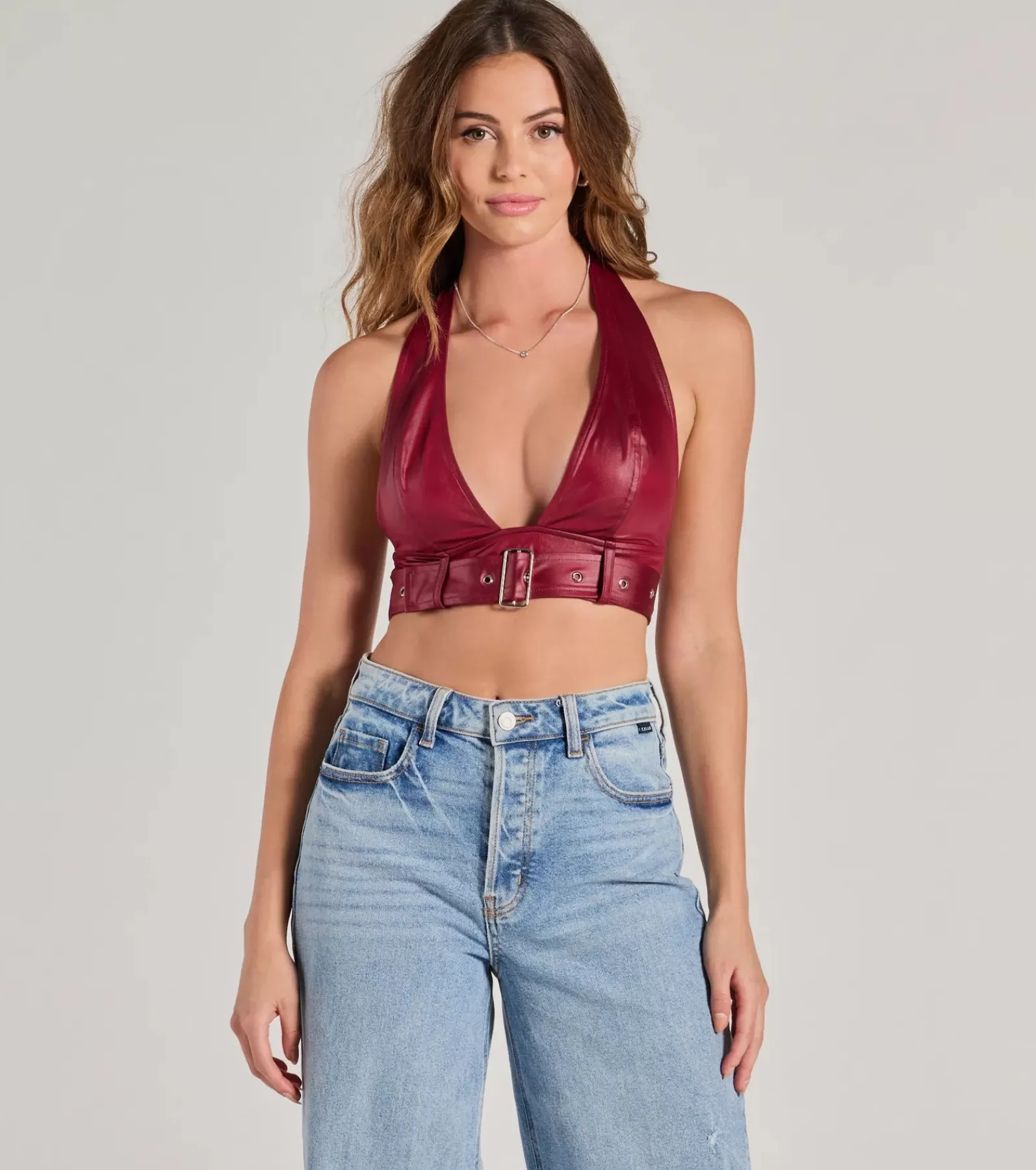 Windsor Going-Out Tops | Crop Tops*Sultry Vibe Plunge Halter Faux Leather Crop Top