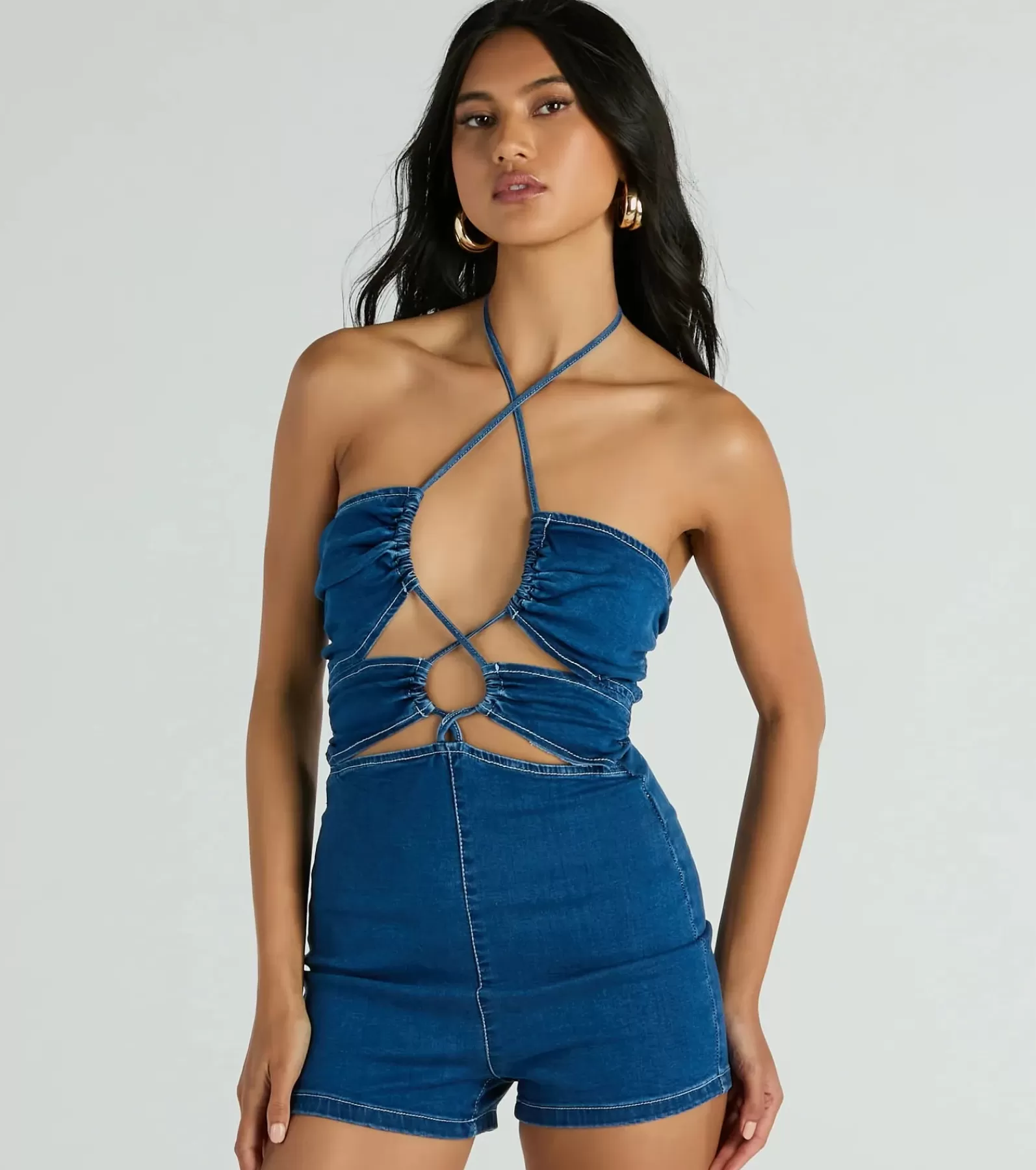 Windsor All Jumpsuits & Rompers | Jean Shorts*Sunny Season Halter Lace-Up Cutout Denim Romper