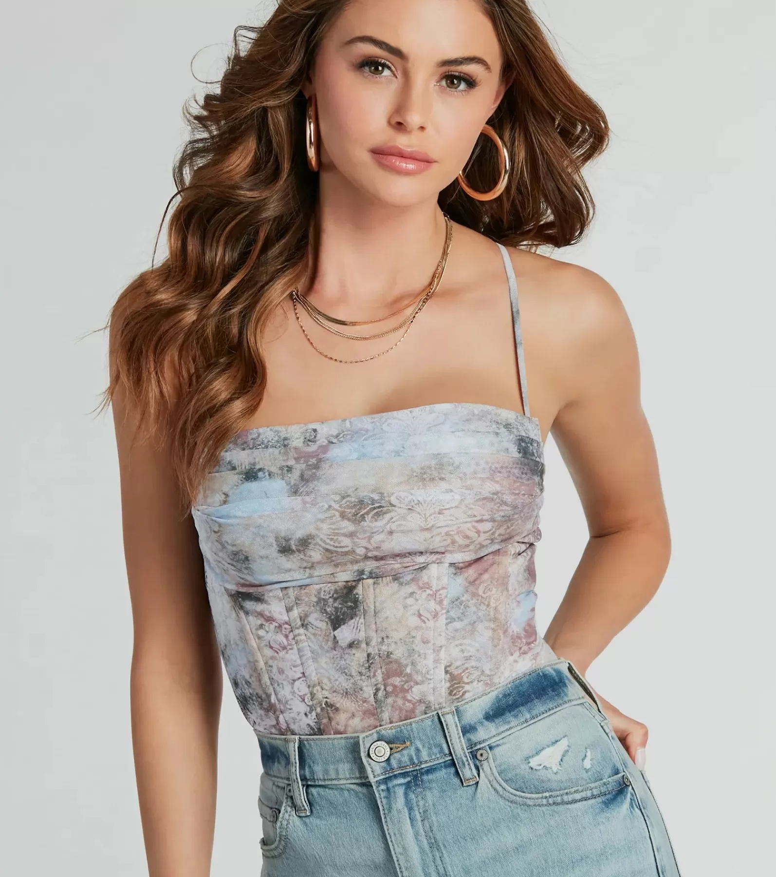 Windsor Corset & Bustier Tops | Crop Tops*Sunset Dream Scroll Print Mesh Corset Top