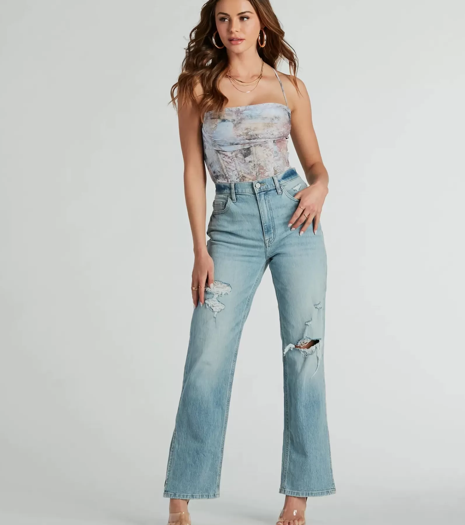 Windsor Corset & Bustier Tops | Crop Tops*Sunset Dream Scroll Print Mesh Corset Top