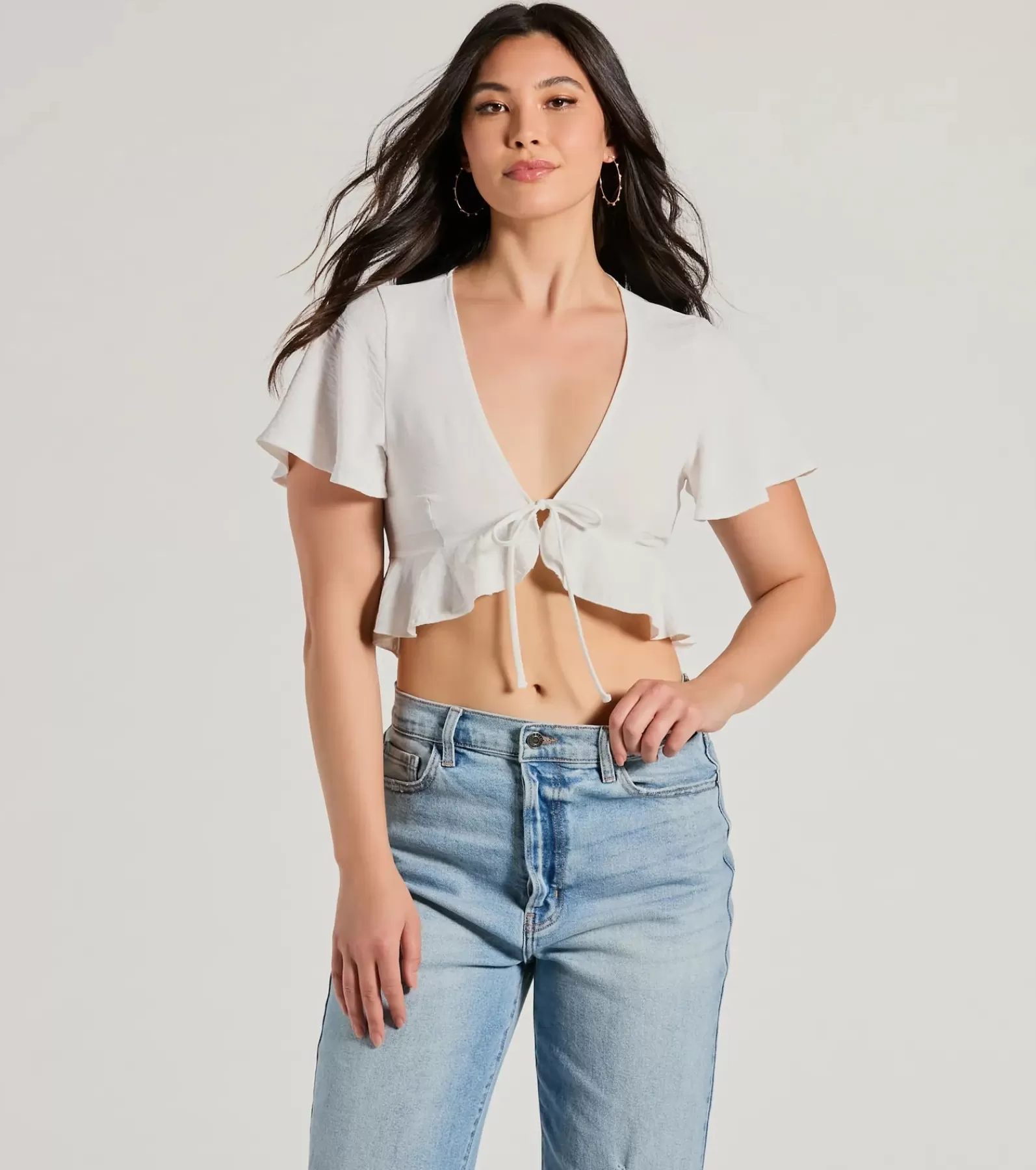 Windsor Tie Front Tops | Short Sleeve Tops*Sweeten Me Up Flutter Sleeve Tie Front Crop Top