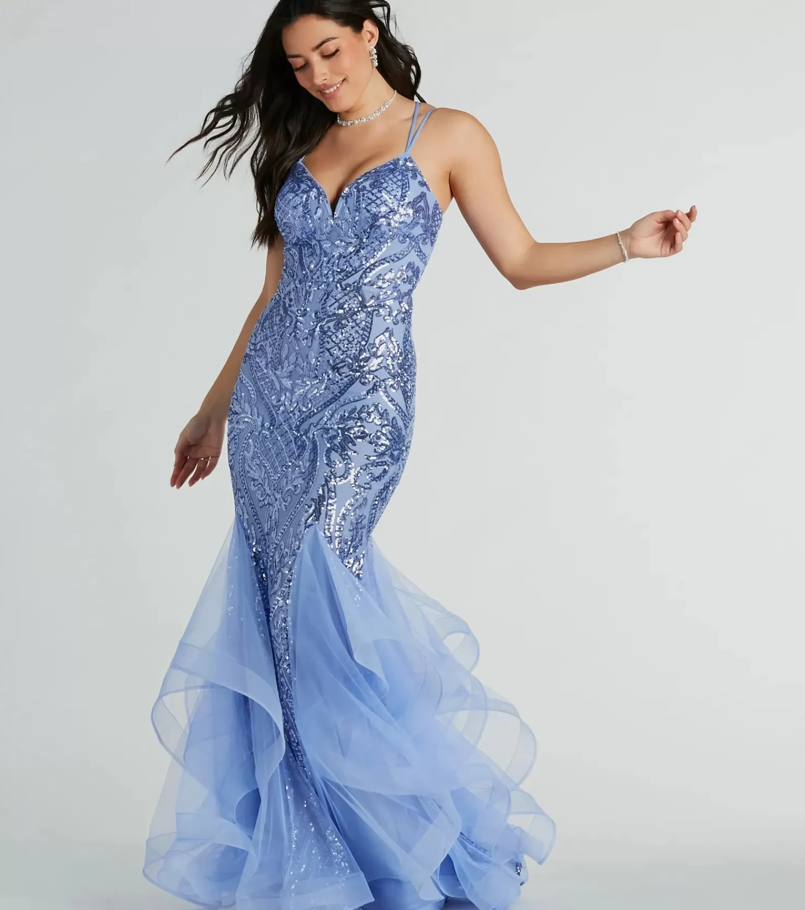 Windsor Ball Gowns*Sylvia Lace-Up Mermaid Tulle Ruffle Sequin Dress