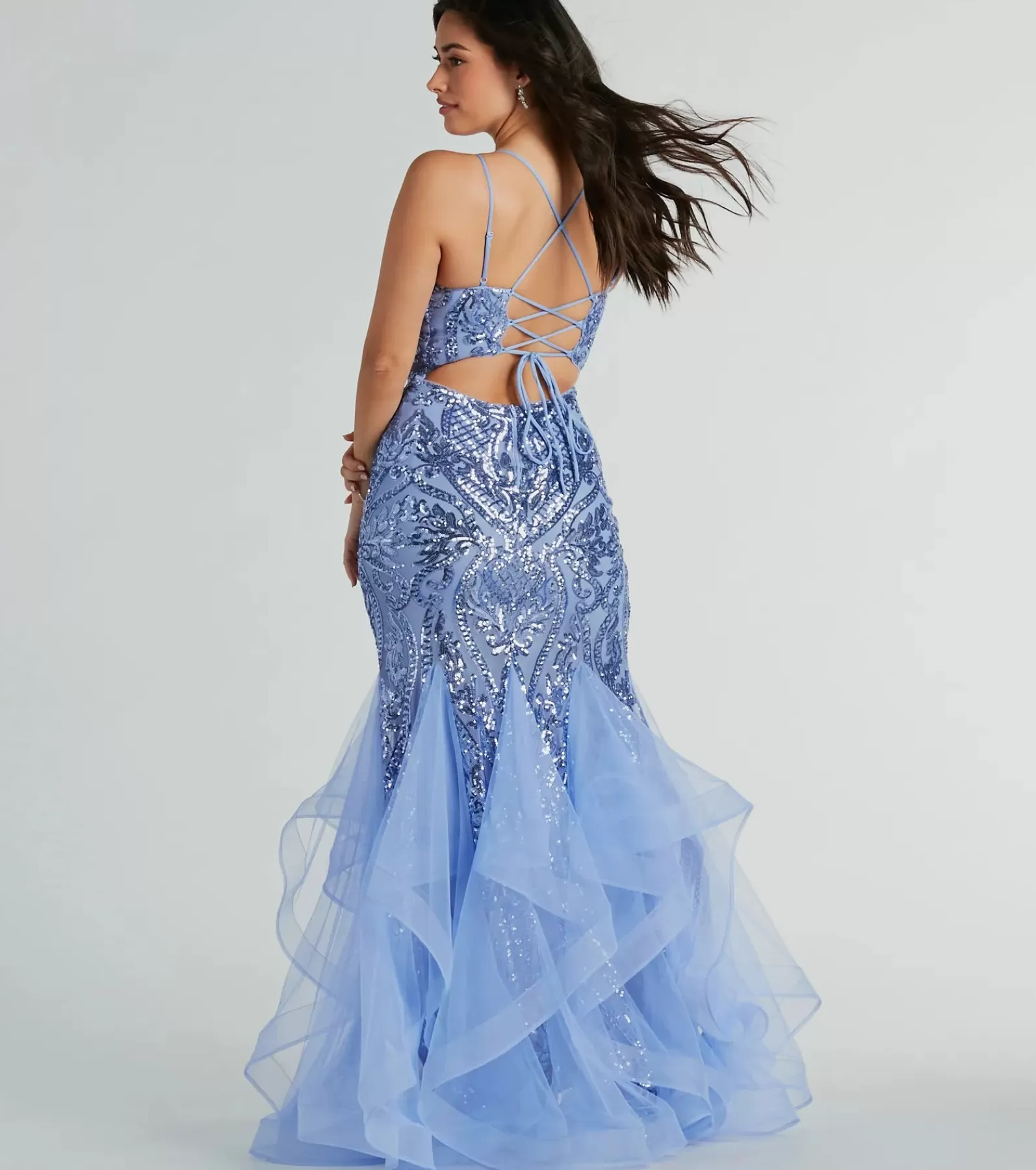 Windsor Ball Gowns*Sylvia Lace-Up Mermaid Tulle Ruffle Sequin Dress