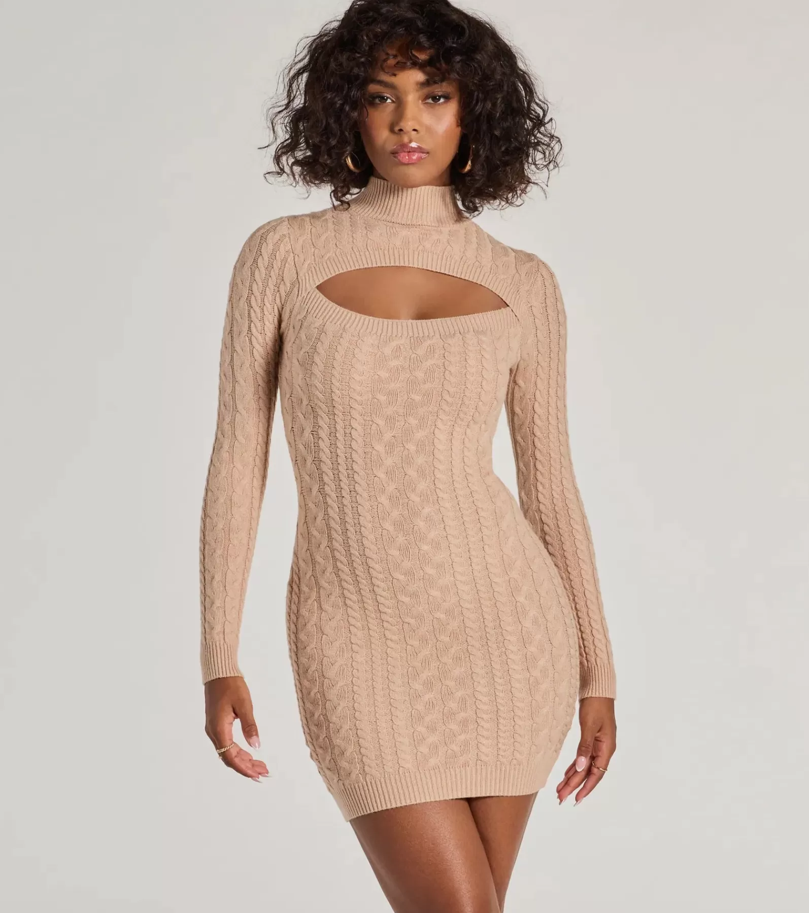 Windsor Long Sleeve Holiday Dresses | Mini Holiday Dresses*Textured Glam Cable Knit Cutout Mini Dress