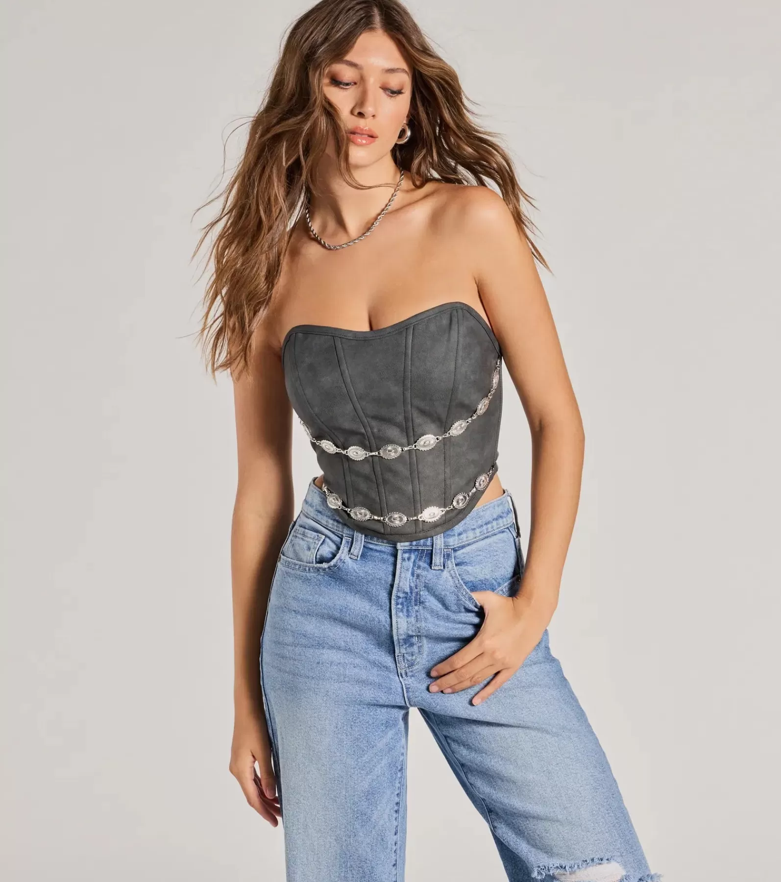 Windsor Corset & Bustier Tops | Crop Tops*Trendy Chain Trim Faux Leather Corset Top