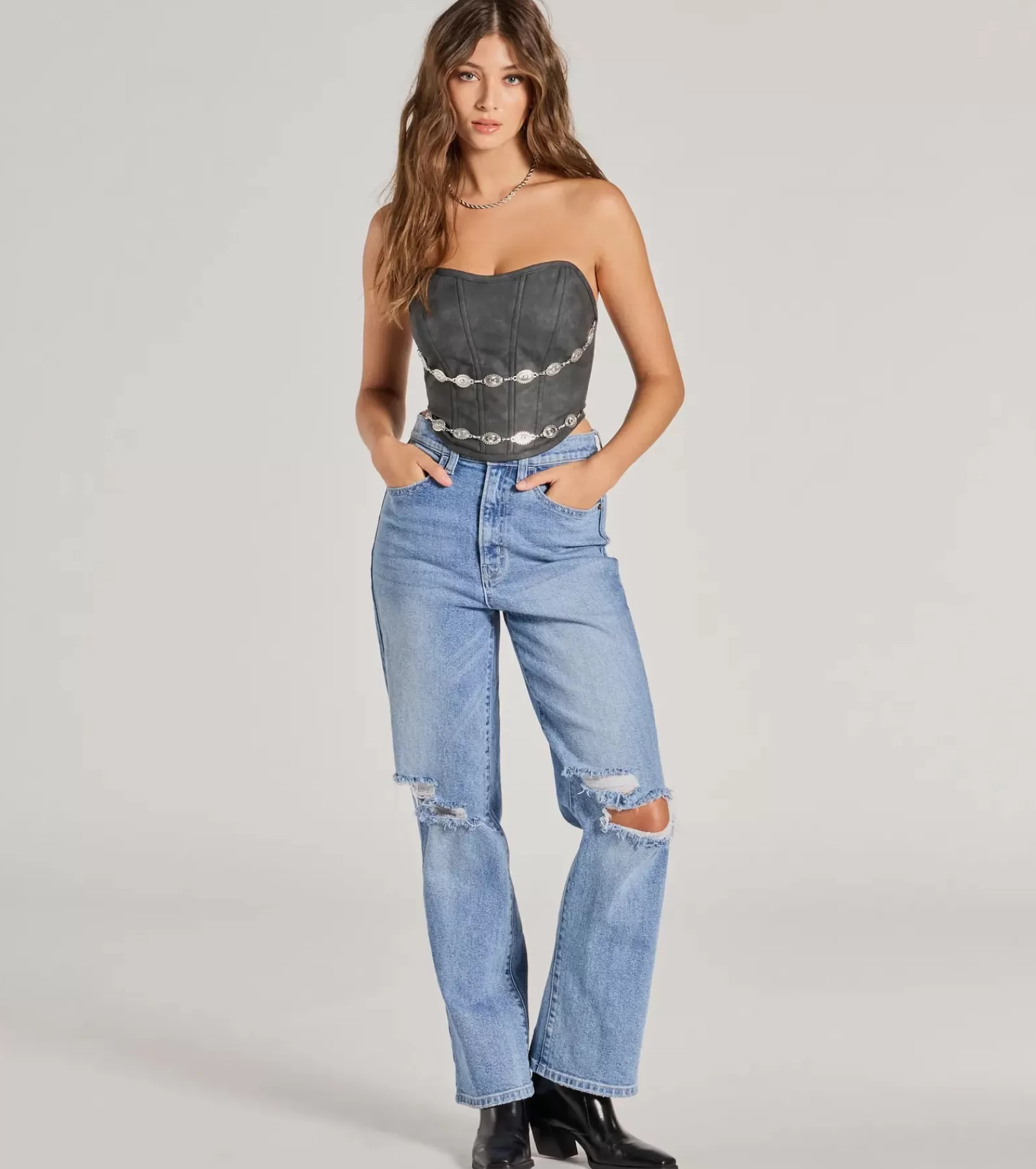Windsor Corset & Bustier Tops | Crop Tops*Trendy Chain Trim Faux Leather Corset Top