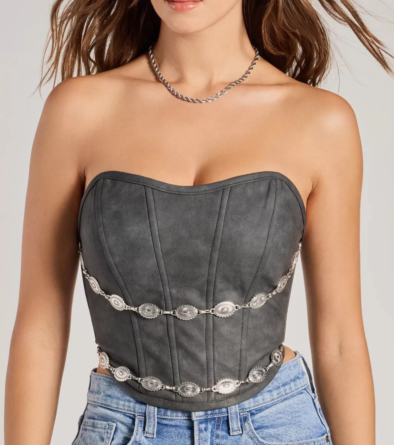 Windsor Corset & Bustier Tops | Crop Tops*Trendy Chain Trim Faux Leather Corset Top