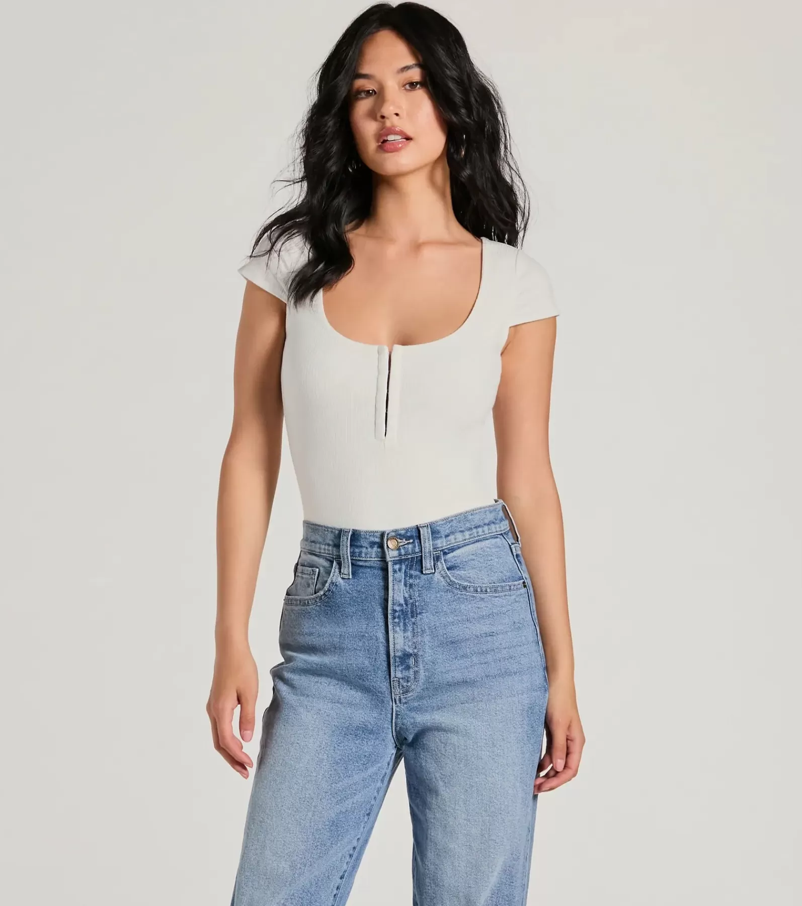 Windsor Basic Tops | Short Sleeve Tops*Trendy Vibe Hook And Eye Ribbed Knit Bodysuit