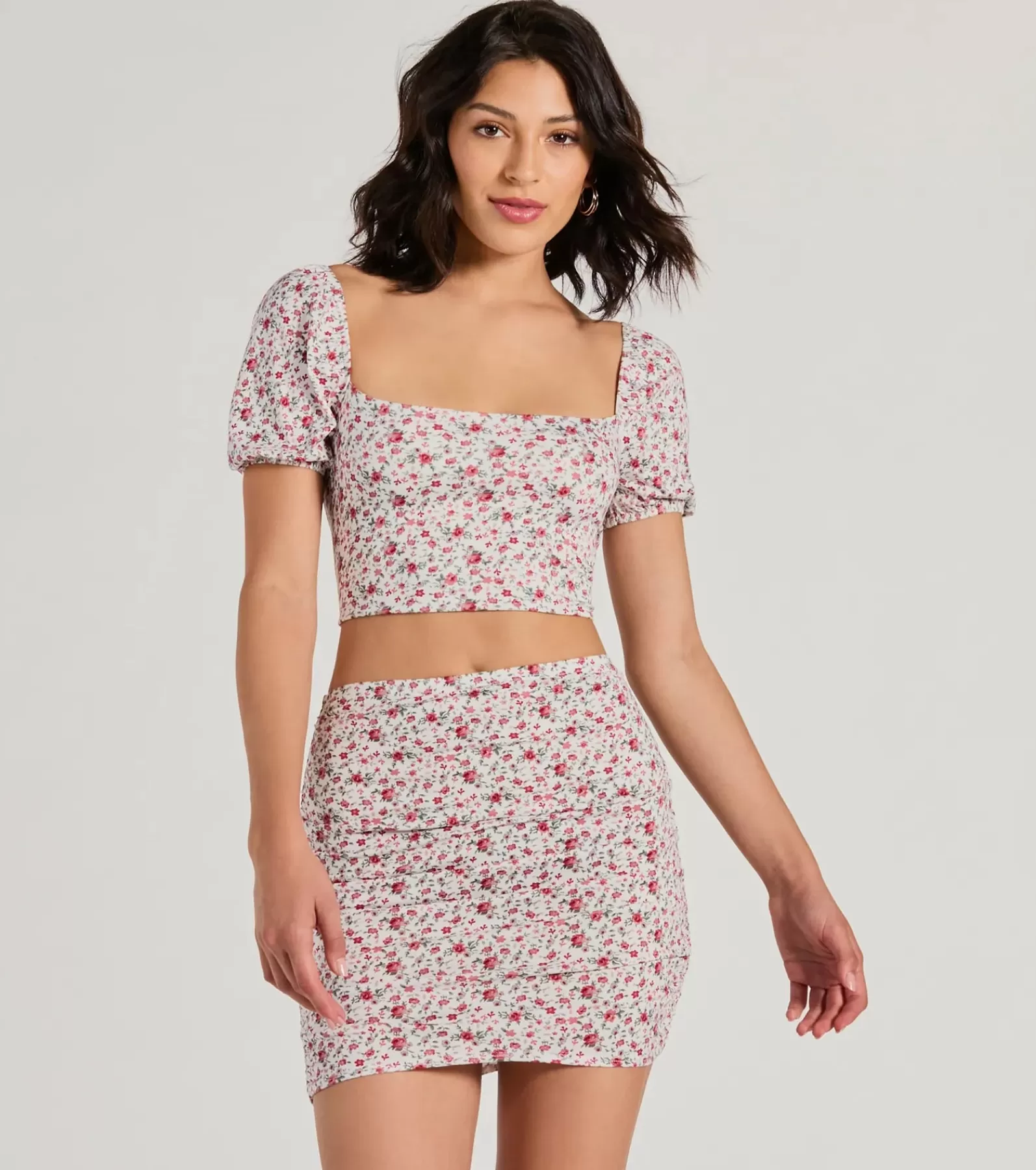 Windsor All Matching Sets | Short Sleeve Tops*Two Cute Lace-Up Floral Crop Top