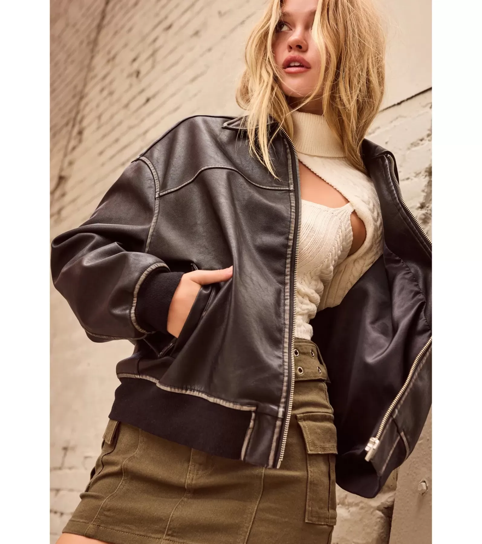Windsor Moto & Faux Leather*Vintage Chic Faux Leather Oversized Bomber Jacket