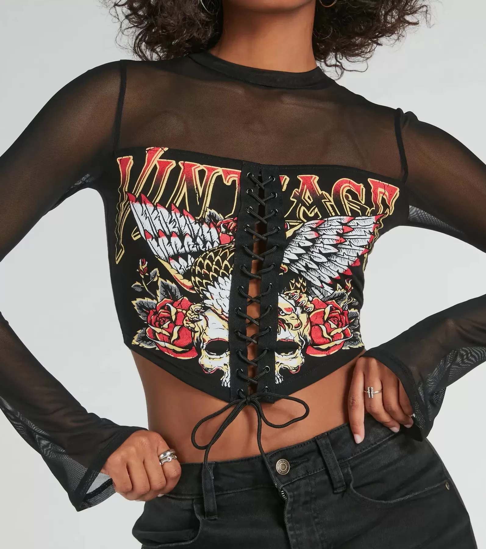 Windsor Graphic Tees | Long Sleeve Tops*Vintage Lace-Up Mesh Graphic Crop Top