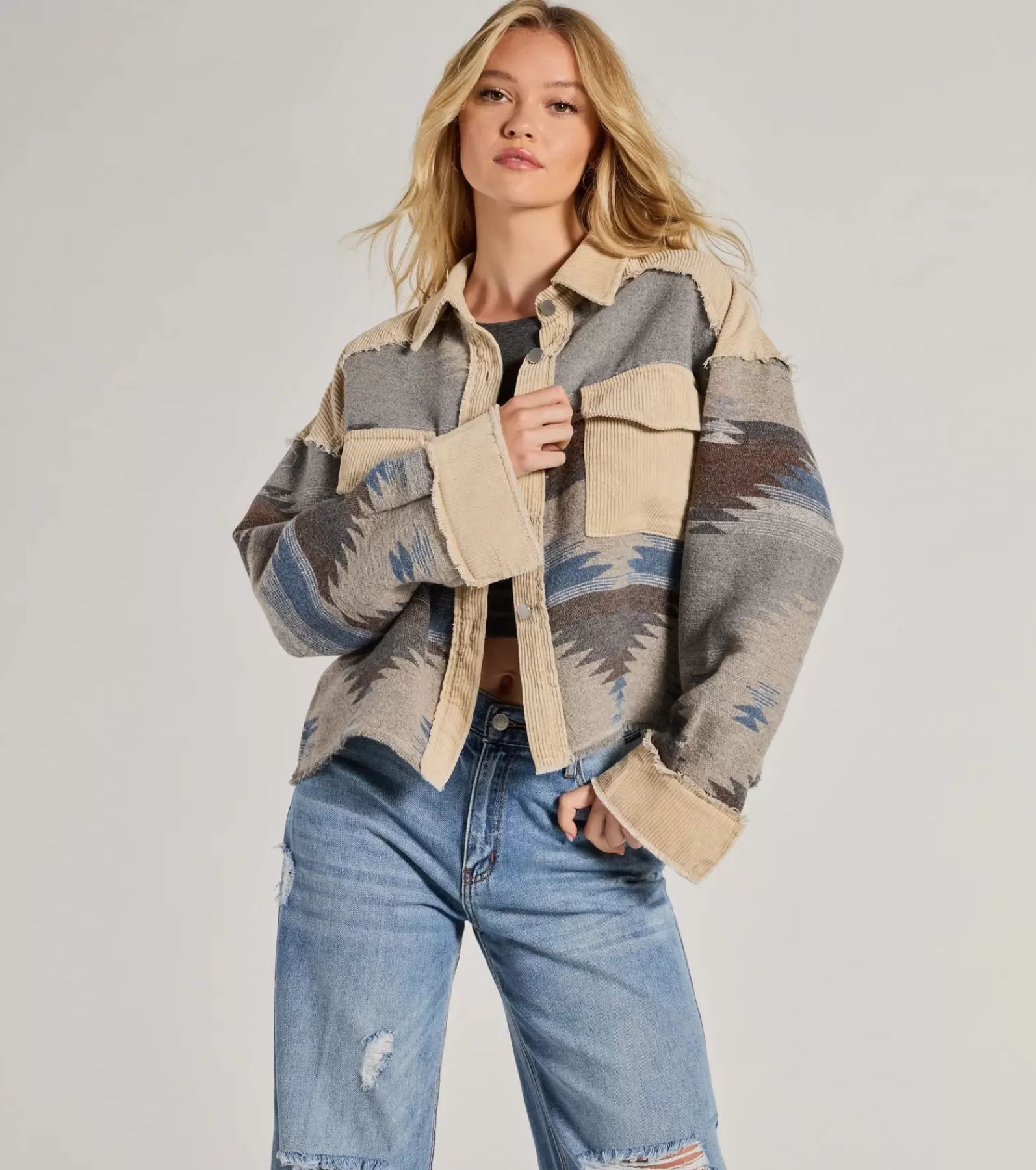Windsor Shackets*Western Trend Corduroy Trim Woven Shacket